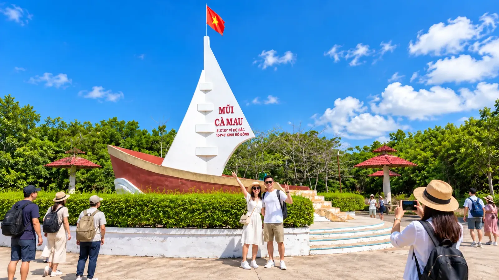 du khách check-in bên cột Mũi Cà Mau