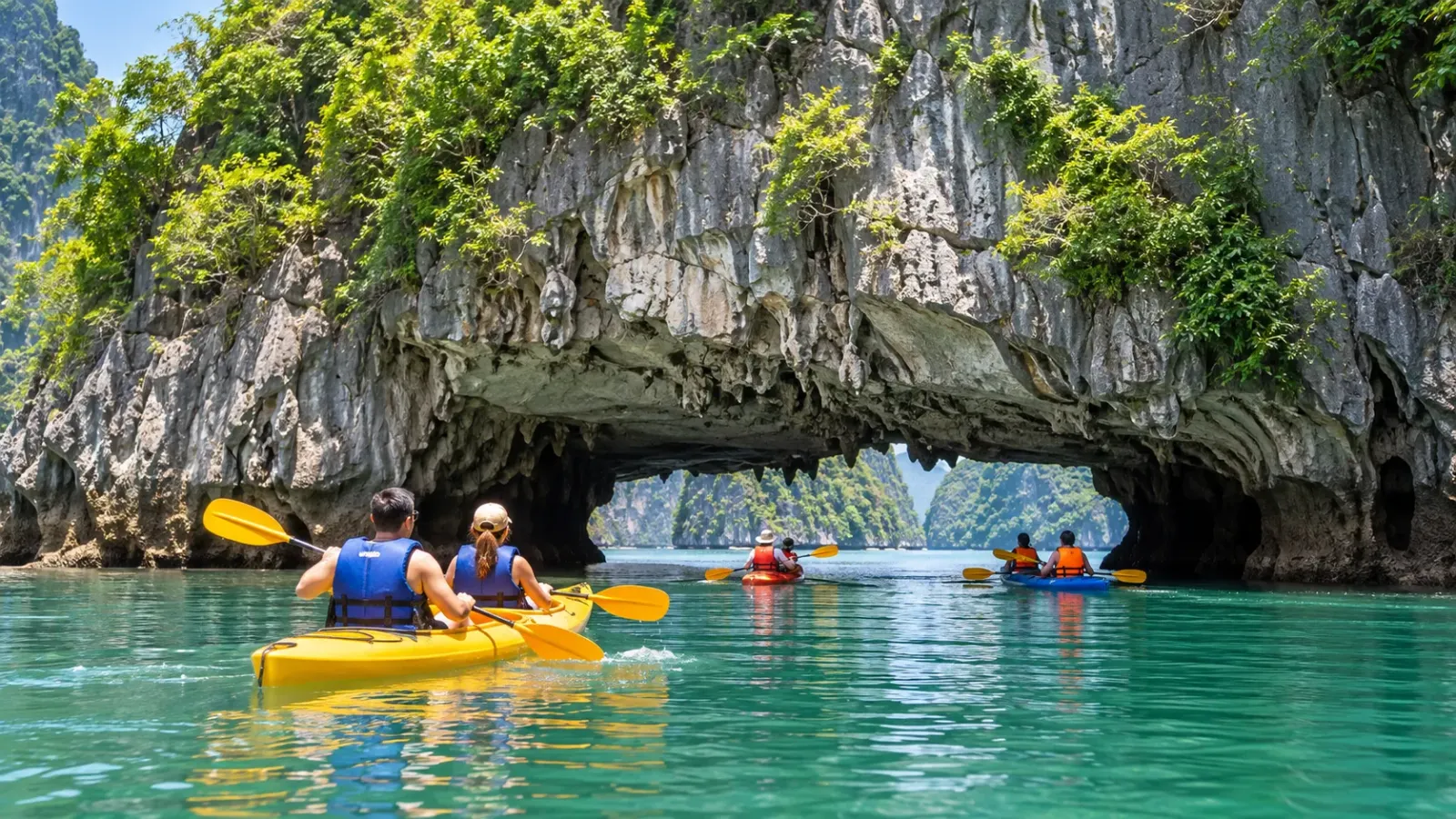 Du khách chèo kayak trên mặt nước tại khu vực Hang Luồn ở Vịnh Hạ Long