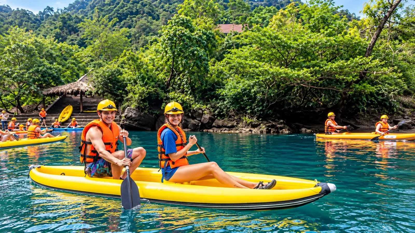 Du khách chèo thuyền kayak trên sông Chày tại khu du lịch Sông Chày Hang Tối