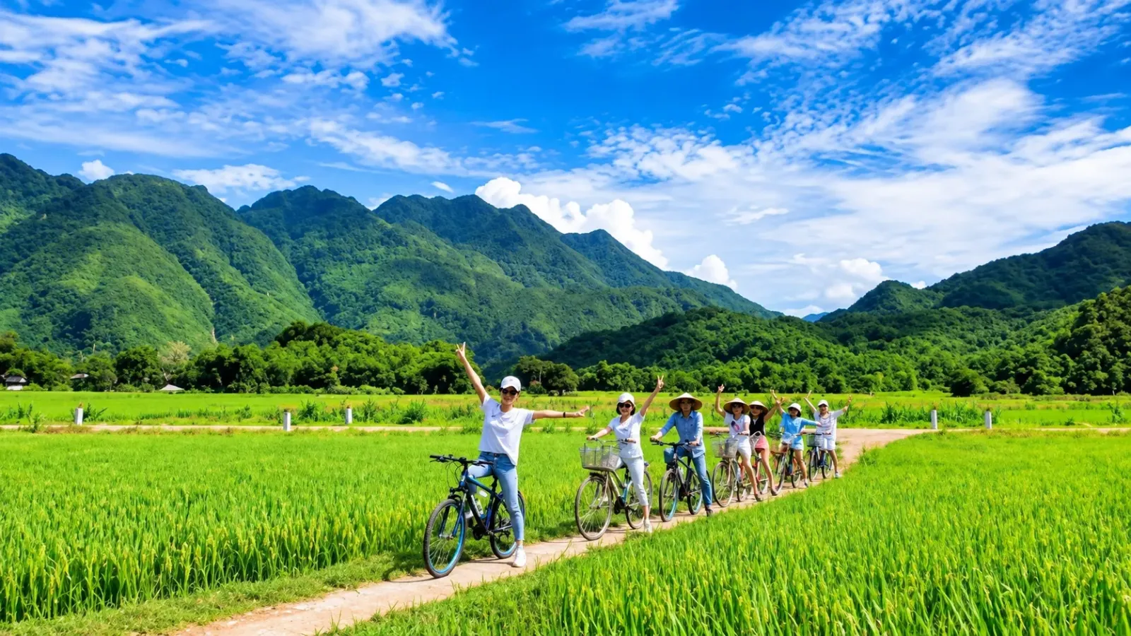 Du khách đạp xe trên đường làng giữa ruộng lúa Mai Châu