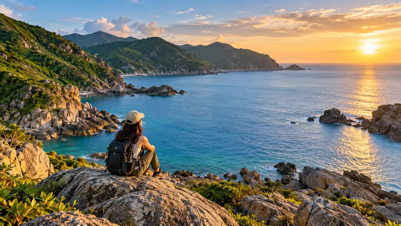 Du khách đeo ba lô ngồi trên mỏm đá ven biển nhìn ra mặt nước dưới ánh chiều  
