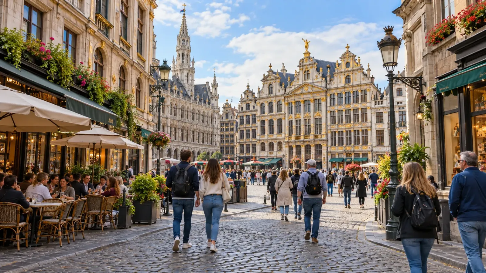Du khách đi bộ tại khu phố cổ Brussels với các công trình kiến trúc lịch sử