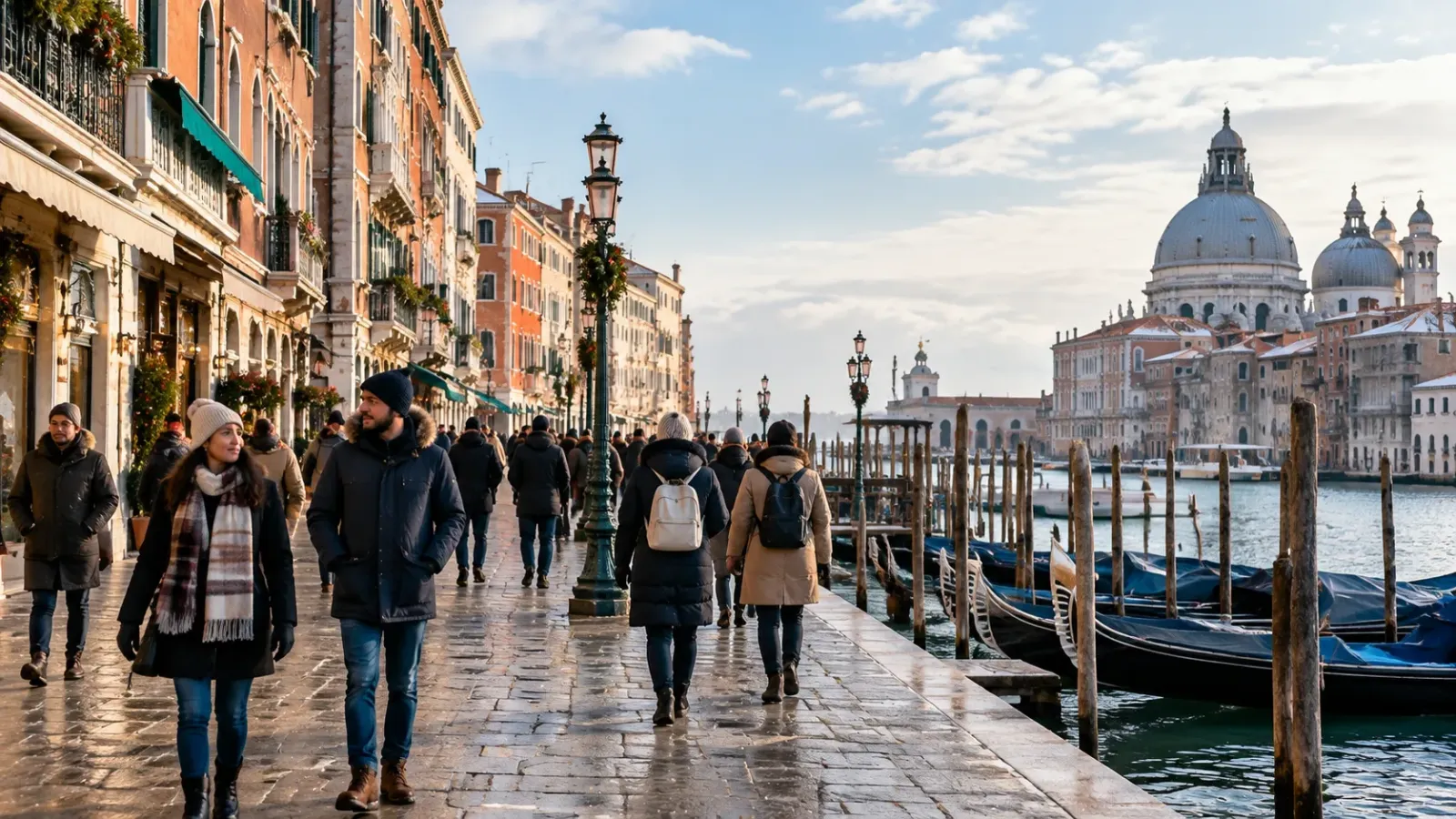 Du khách đi bộ trên lối phố ven kênh tại Venice trong thời tiết mùa đông