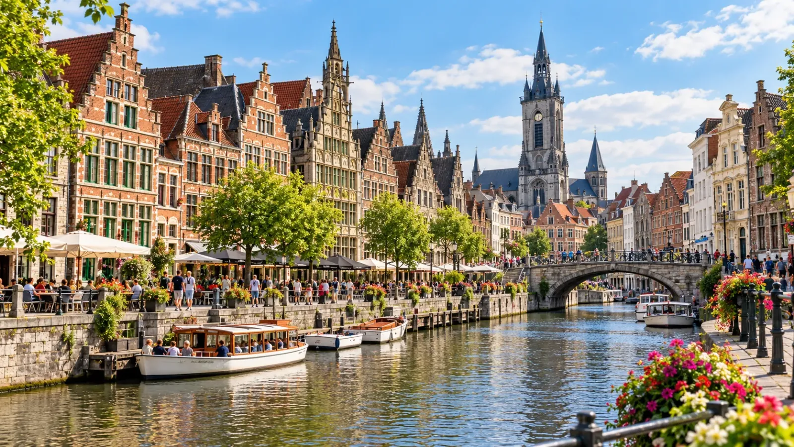 Du khách đi bộ và tham quan bên kênh đào ở thành phố Ghent trong mùa hè tại Bỉ.