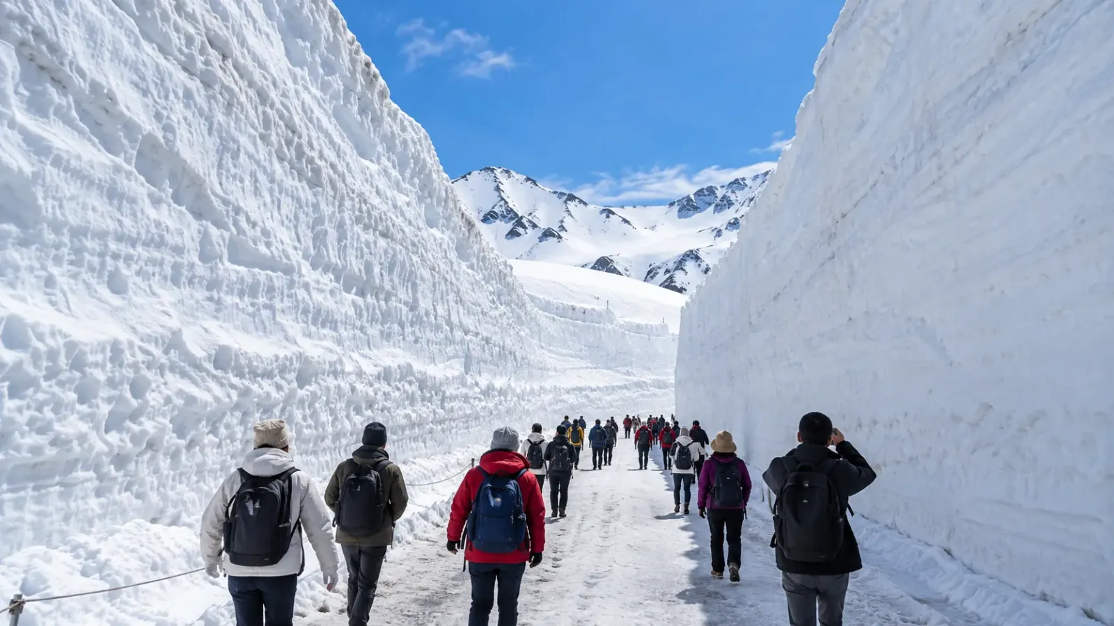 Du khách đi giữa những bức tường tuyết tại Tateyama Kurobe Alpine Route ở Nhật Bản