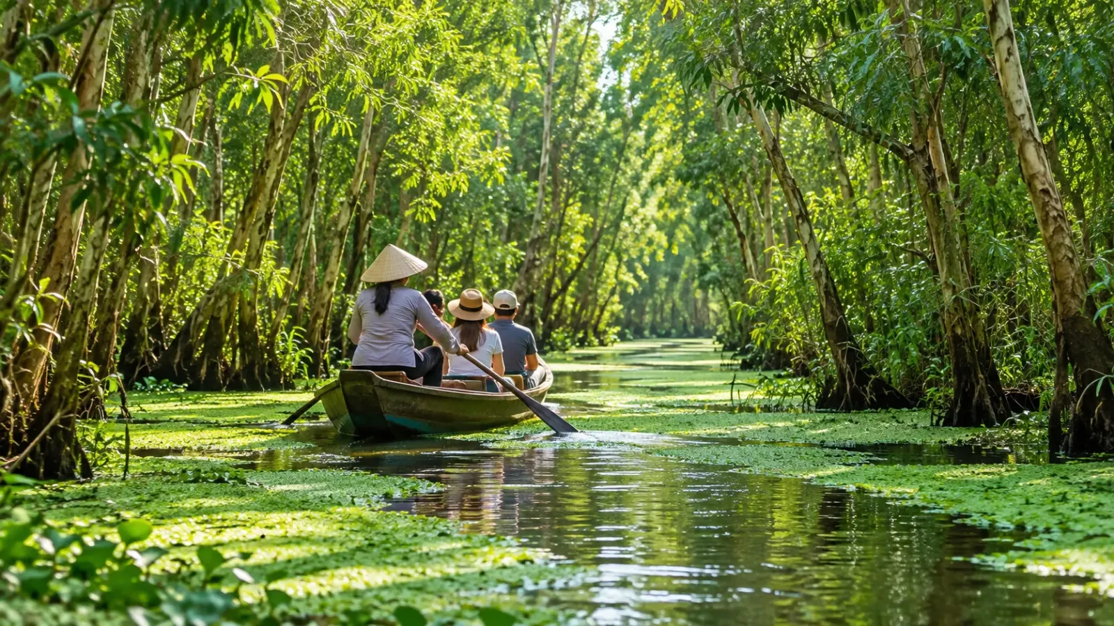 Du khách đi xuồng khám phá rừng tràm Trà Sư tại An Giang