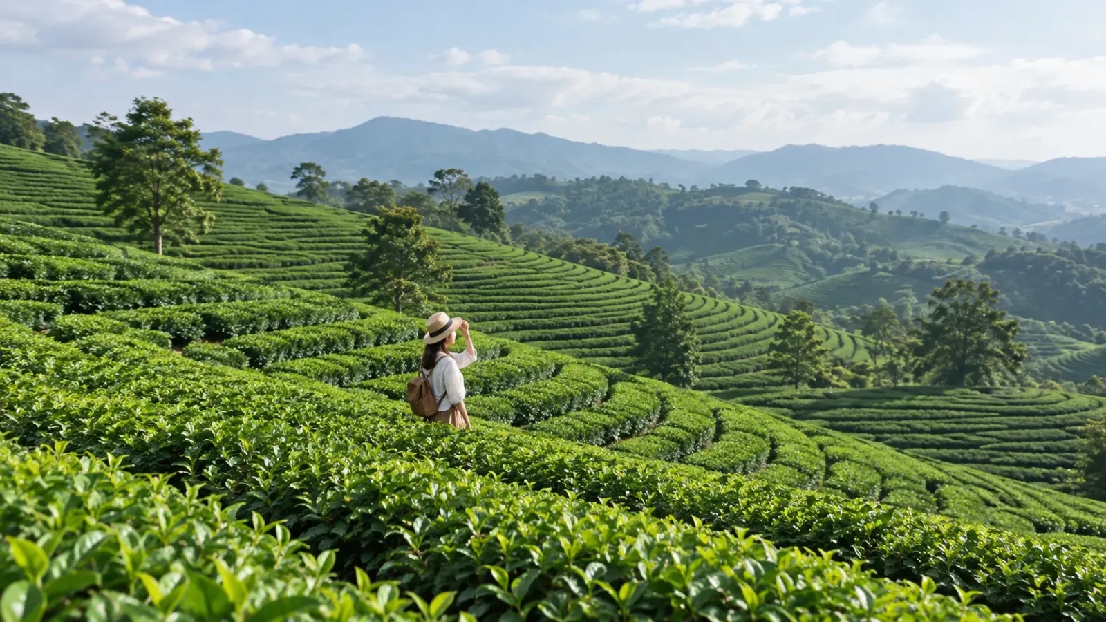 Du khách đứng giữa những luống chè xanh tại đồi chè Cầu Đất Đà Lạt