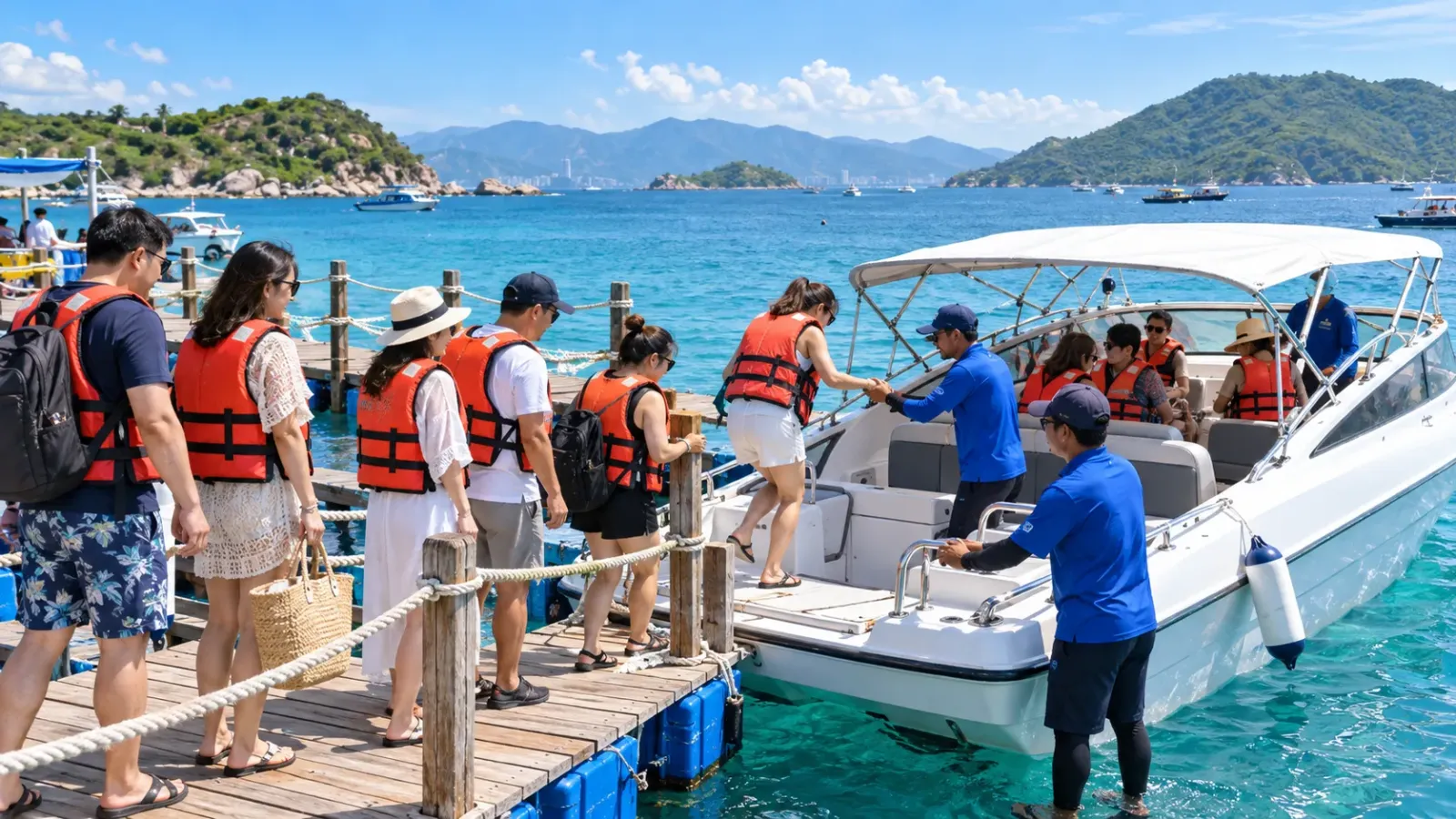 Du khách mặc áo phao chuẩn bị lên cano tại bến du lịch biển ở Nha Trang