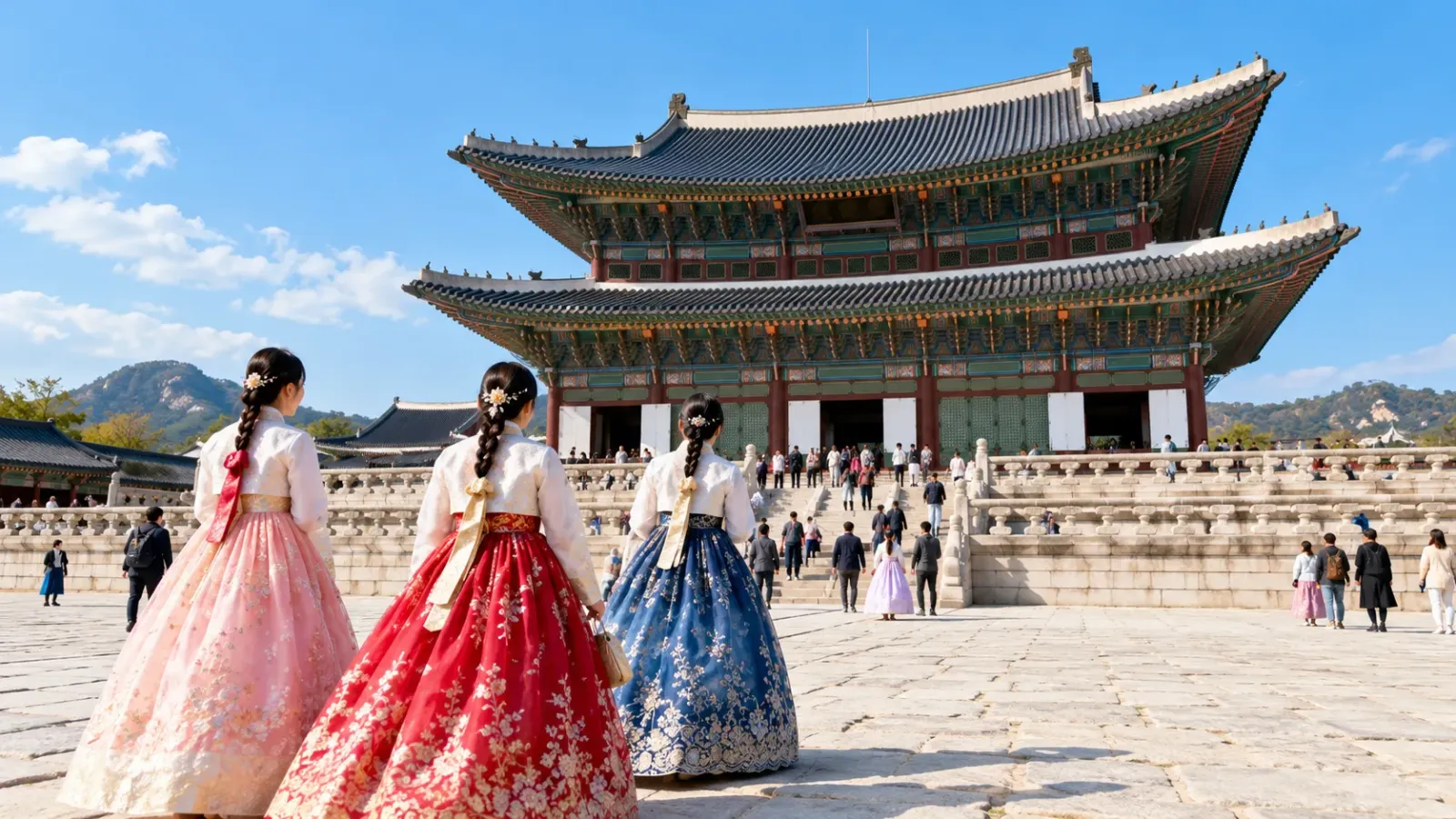 Du khách mặc Hanbok đứng trước công trình kiến trúc truyền thống tại cung điện Gyeongbokgung ở Seoul.
