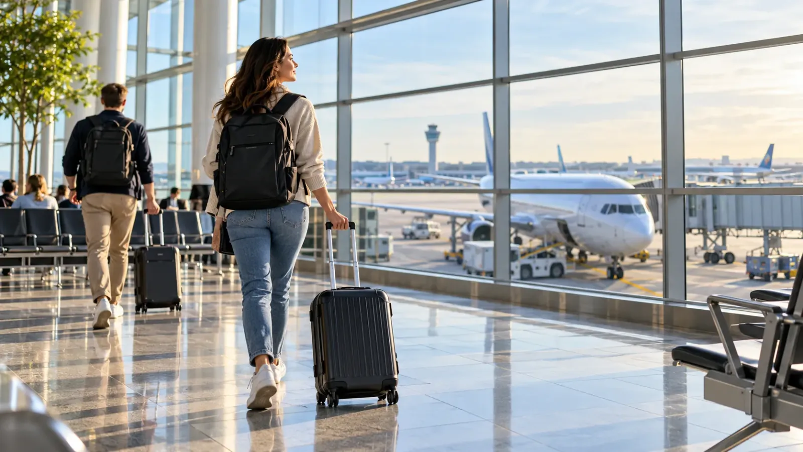 Du khách mang hành lý xách tay trong nhà ga sân bay khi chuẩn bị chuyến bay quốc tế đến châu Âu