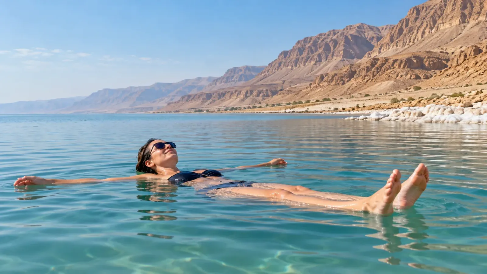 Du khách nằm nổi trên mặt nước mặn của Biển Chết tại Jordan với cảnh quan bờ hồ và núi đá phía xa