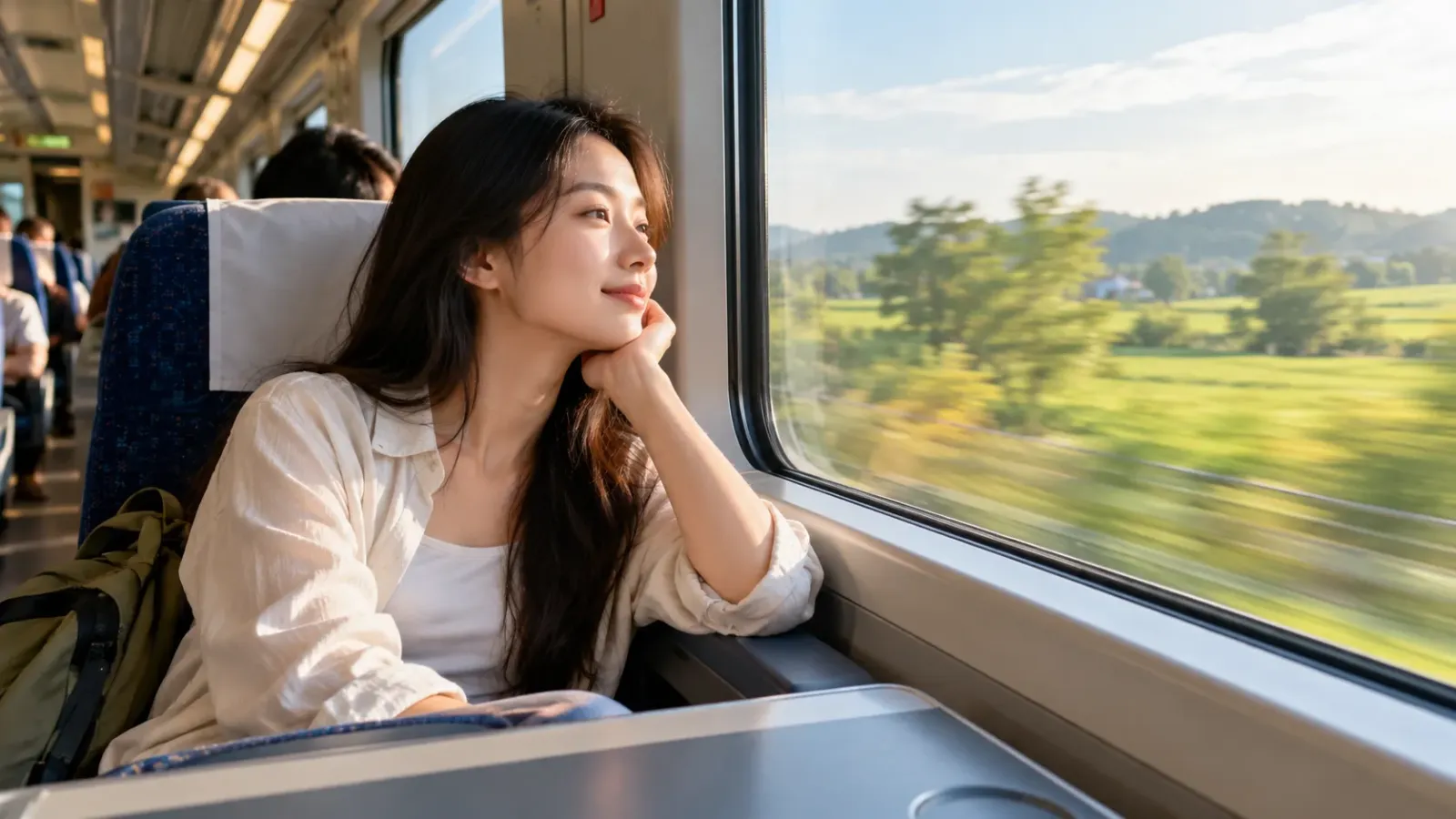 Du khách ngồi cạnh cửa sổ toa tàu, nhìn cảnh vật bên ngoài trong hành trình di chuyển.