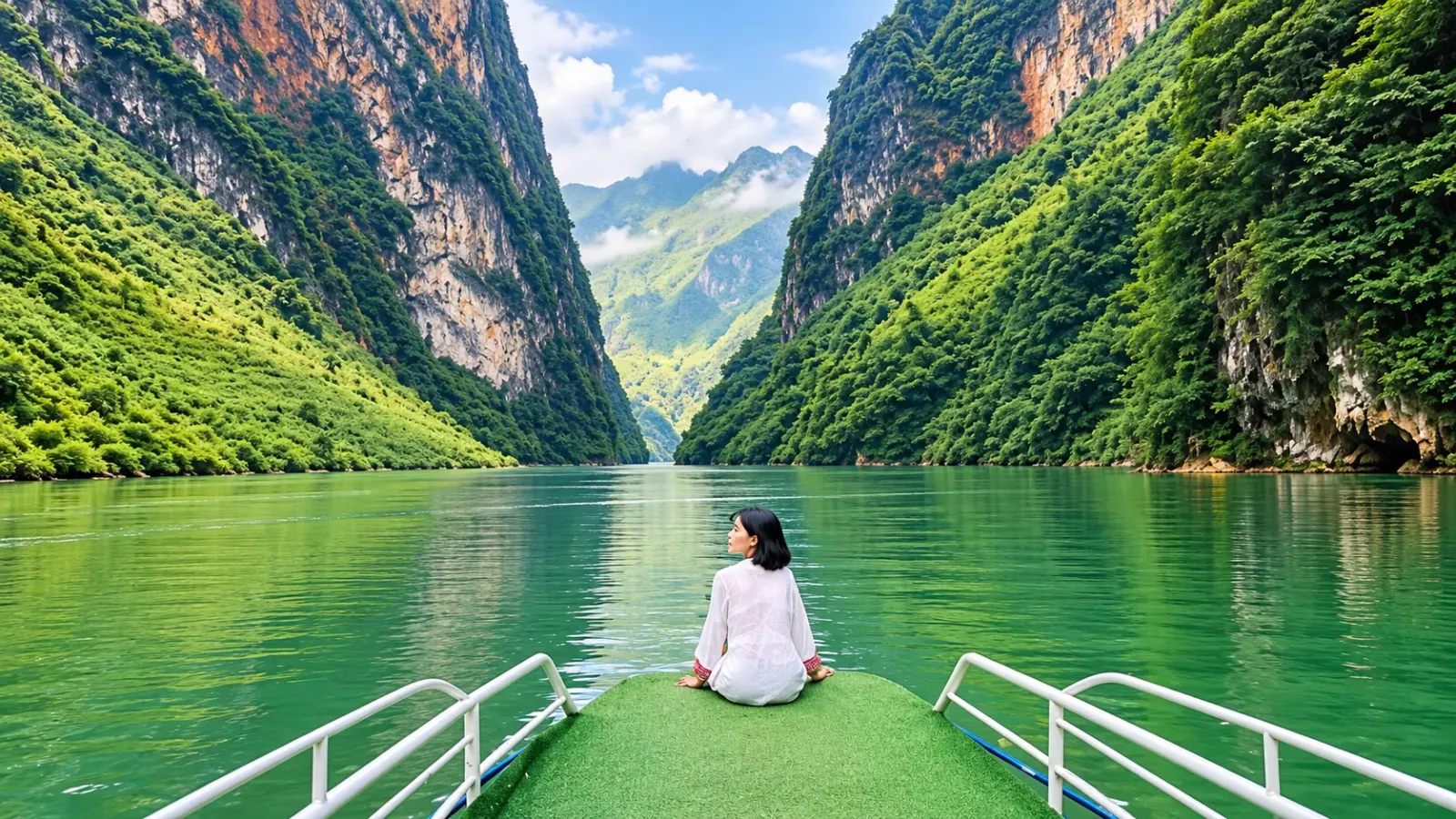 Du khách ngồi ở mũi thuyền trên dòng sông xanh giữa những vách núi đá cao
