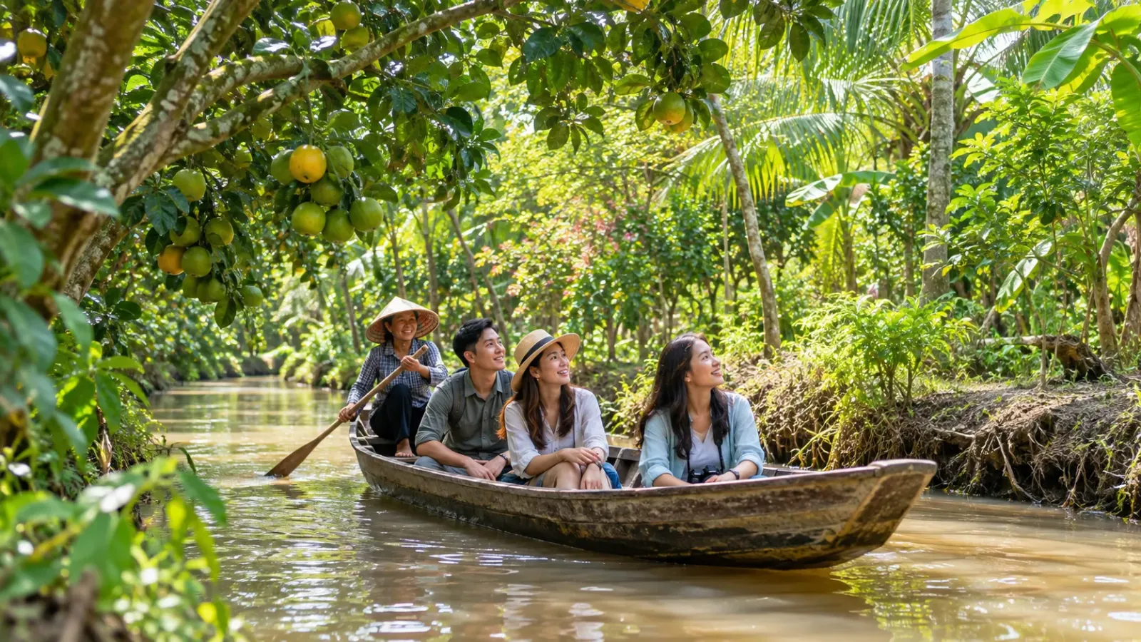 Du khách ngồi trên xuồng nhỏ giữa vườn cây trái xanh tốt tại Cồn Sơn Cần Thơ