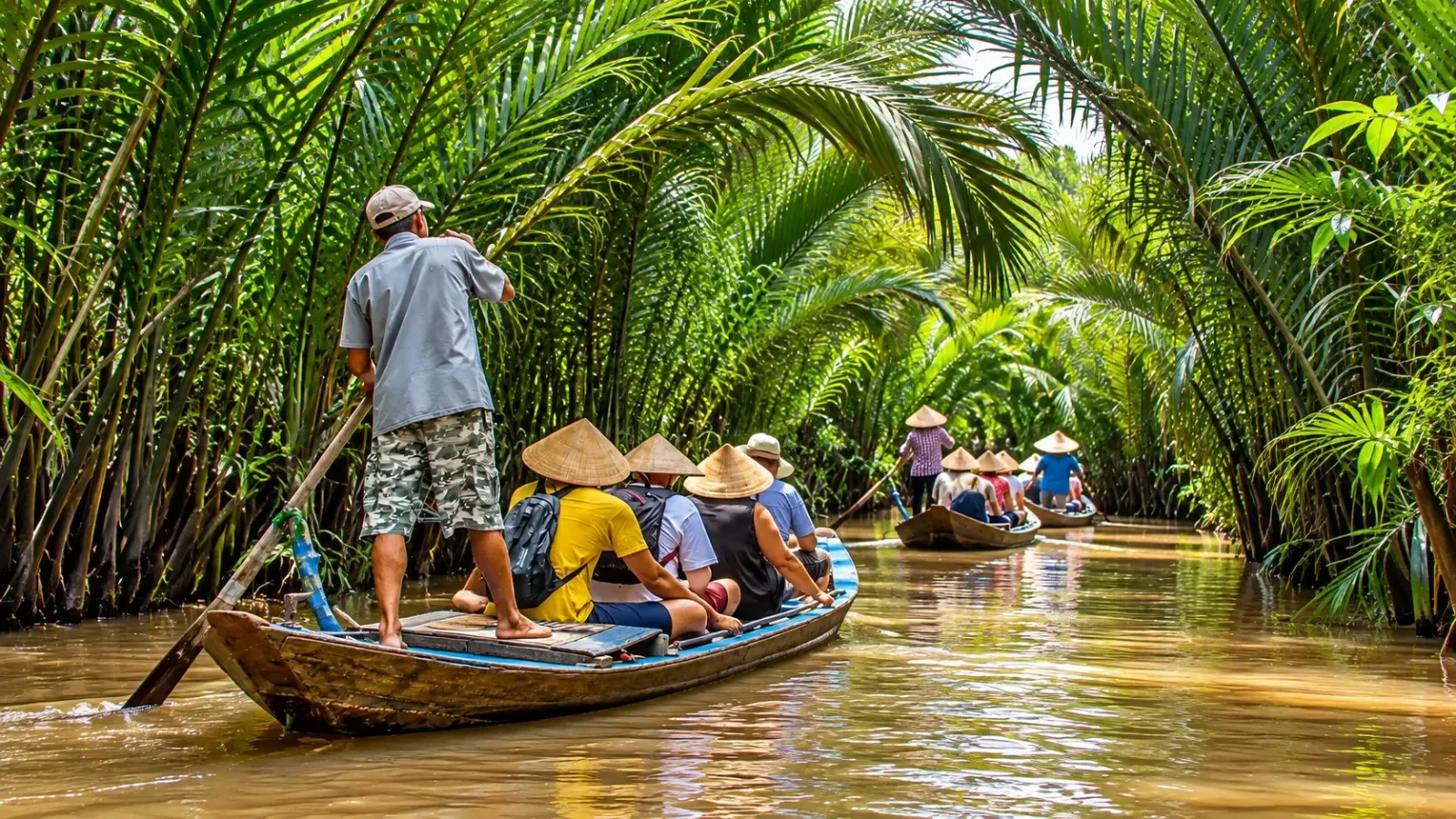 Du khách ngồi xuồng di chuyển trên con rạch nhỏ rợp bóng dừa nước xanh mát