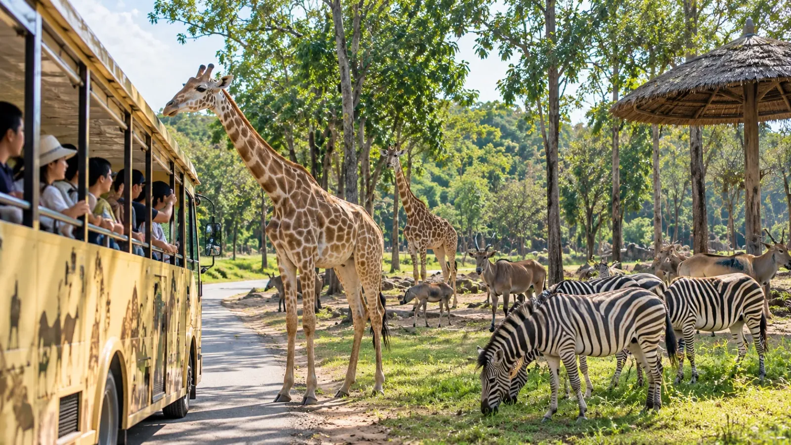 Du khách quan sát động vật tại khu tham quan Vinpearl Safari Phú Quốc