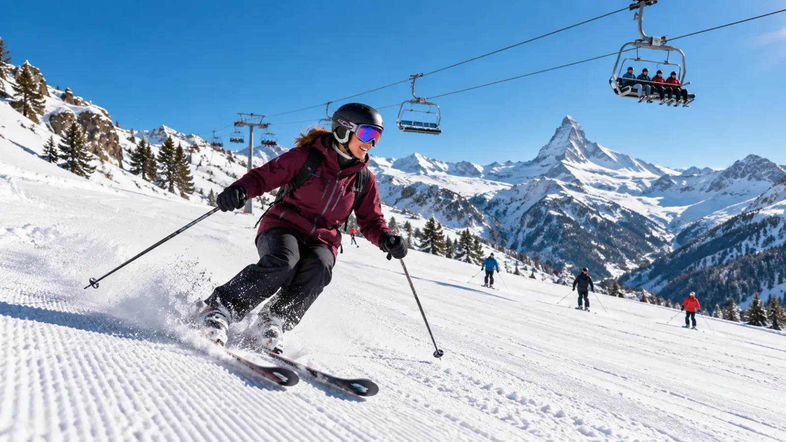 Du khách sử dụng ván ski và gậy trượt trên đường tuyết có cáp nâng ghế phía trên