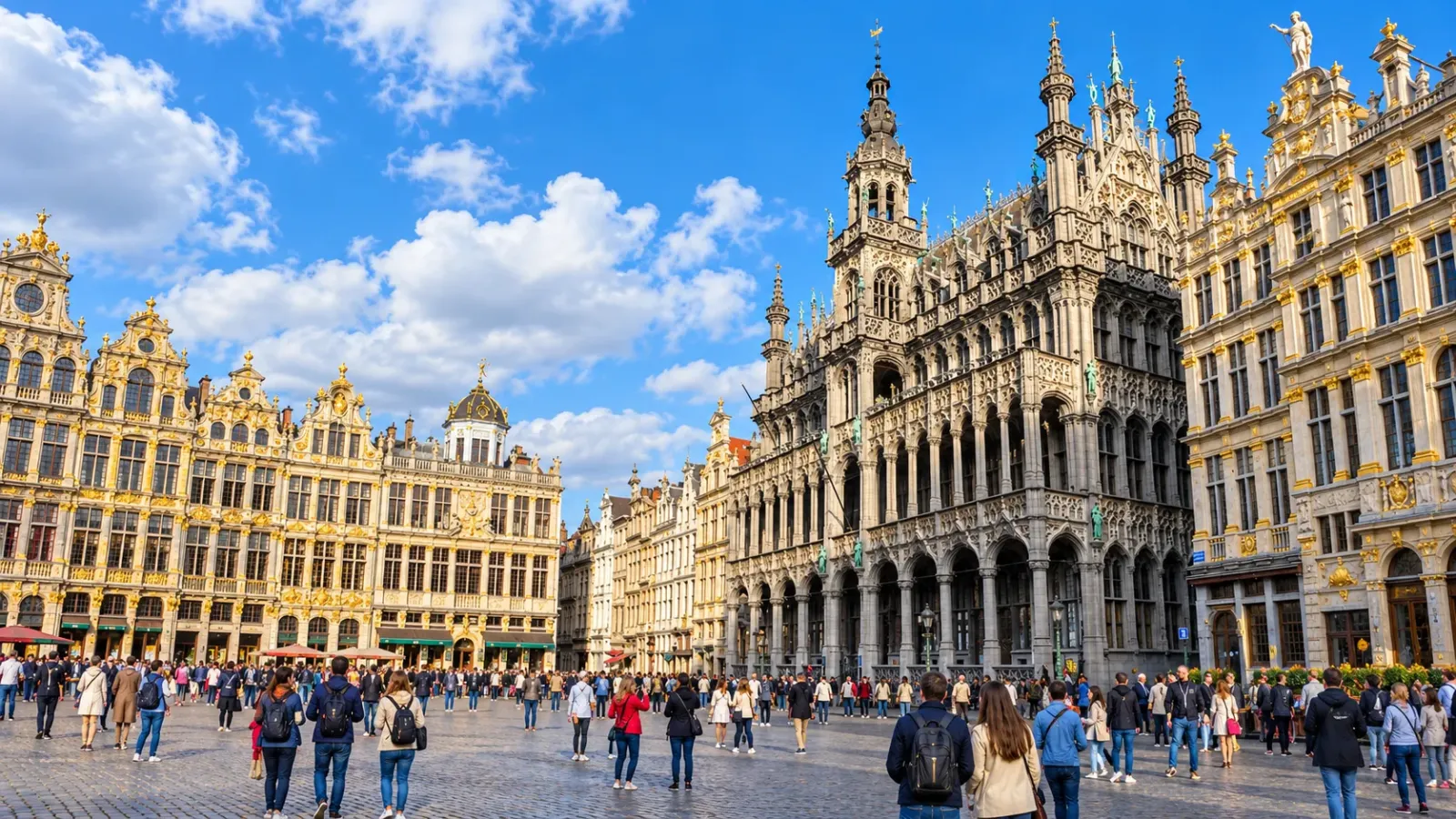Du khách tại quảng trường Grand Place ở Brussels với những tòa nhà cổ có mặt tiền trang trí cầu kỳ.