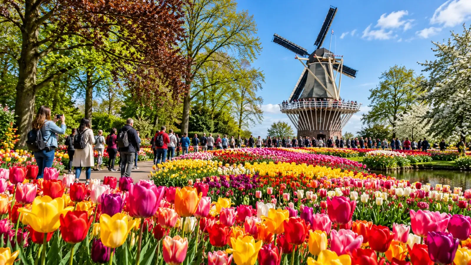 Du khách tham quan các luống hoa tulip trong khu vườn Keukenhof tại Hà Lan