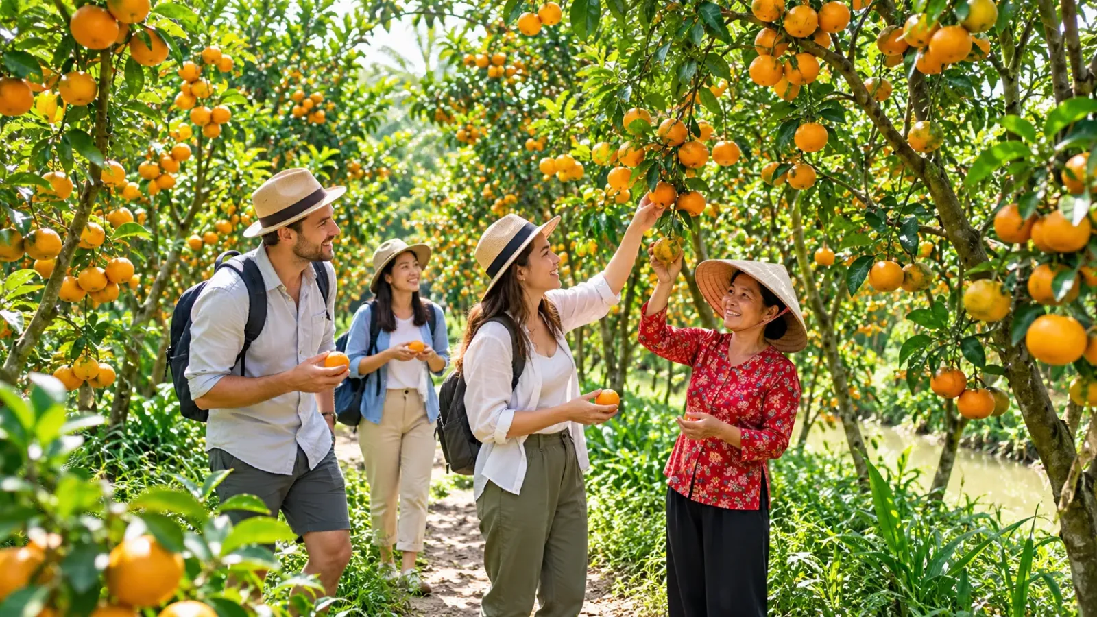 Du khách tìm hiểu vườn cây trái trong hoạt động du lịch cộng đồng tại Cồn Sơn Cần Thơ.