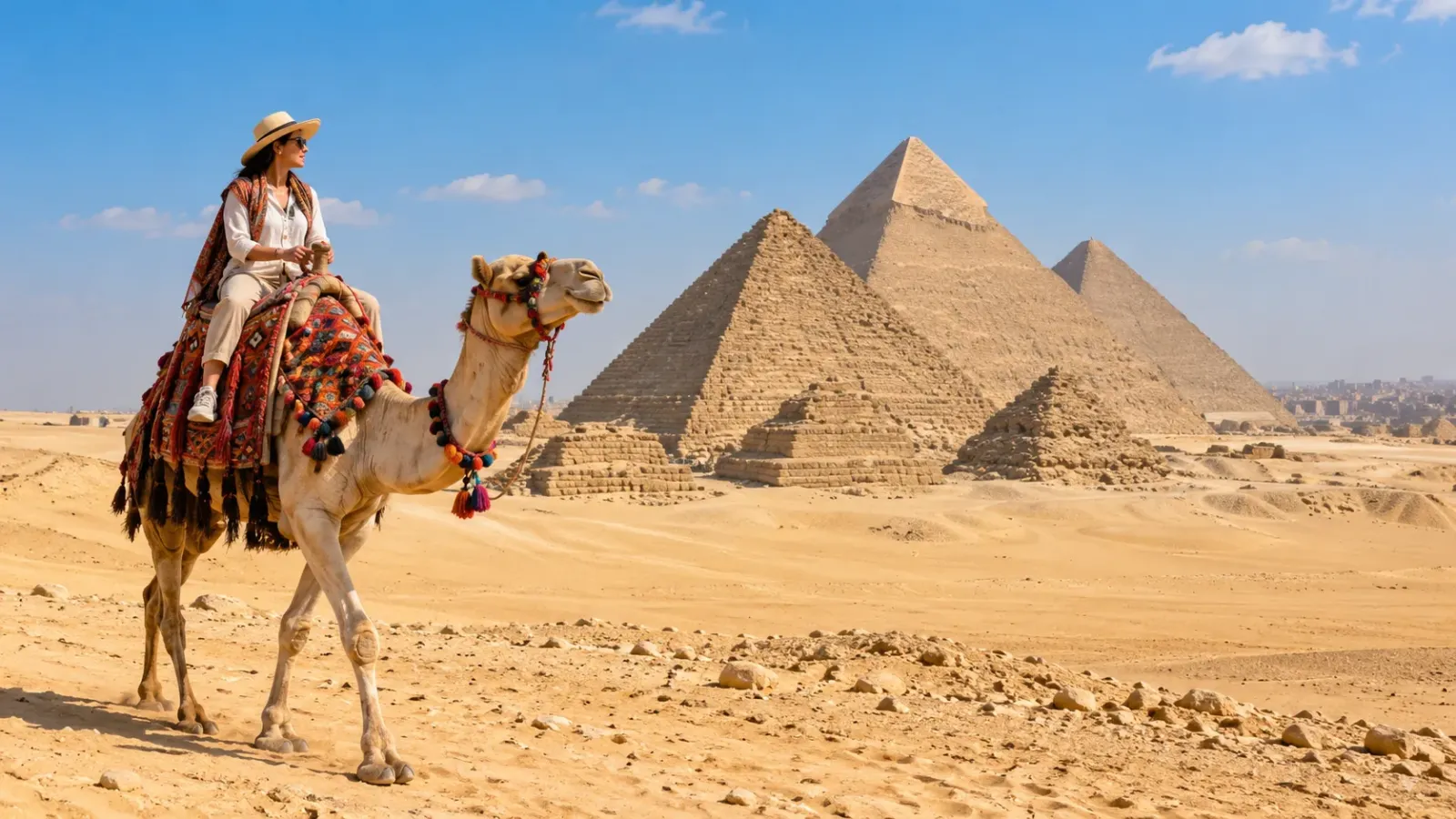 Du khách trải nghiệm cưỡi lạc đà tại khu vực sa mạc Giza trong hành trình du lịch Ai Cập.