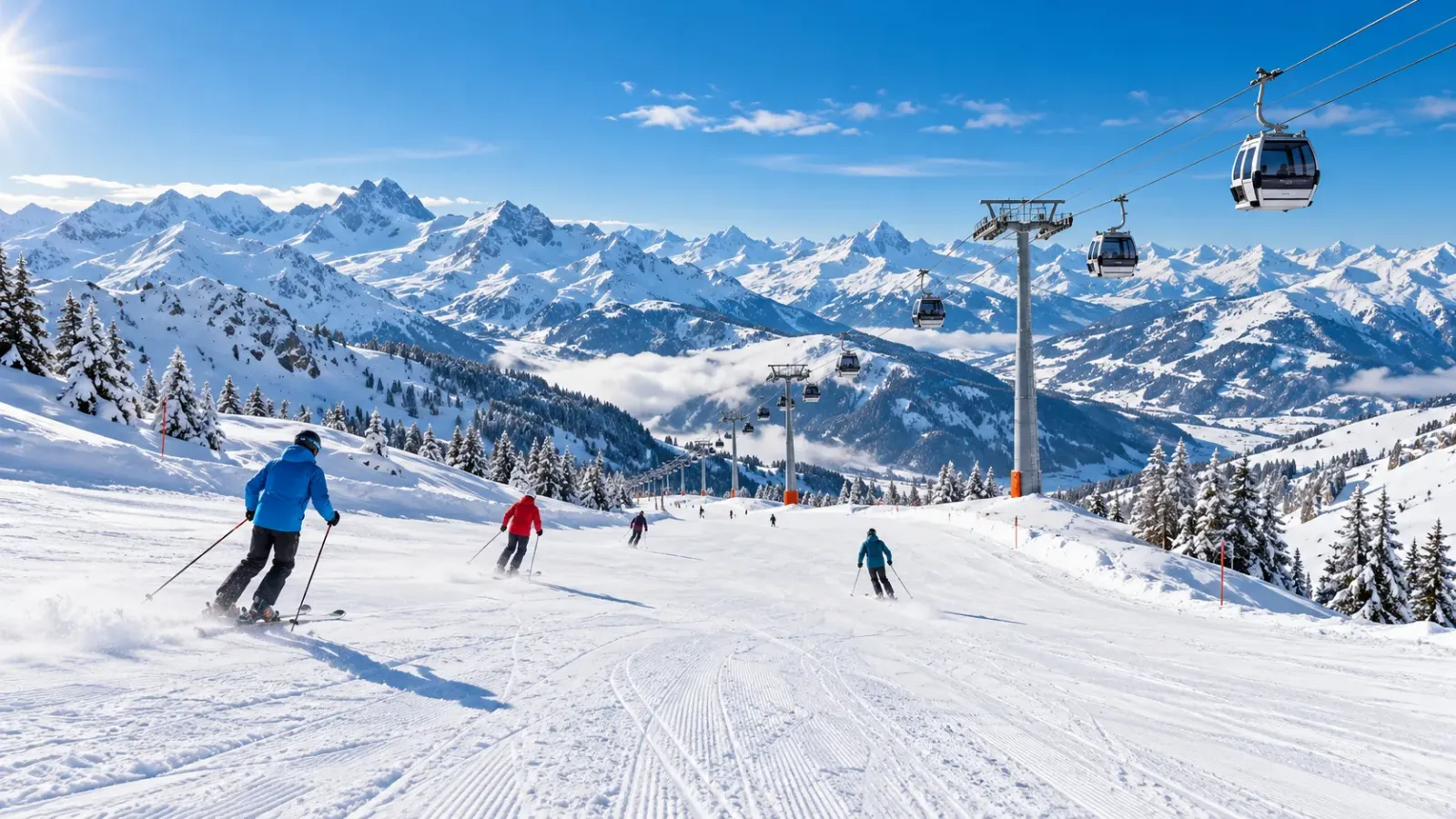 Du khách trượt tuyết trên đường trượt được quản lý giữa khung cảnh núi Alps phủ tuyết và hệ thống cáp treo