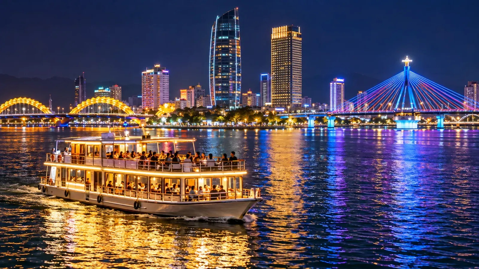 Du thuyền chở khách tham quan trên sông Hàn Đà Nẵng với cảnh thành phố về đêm
