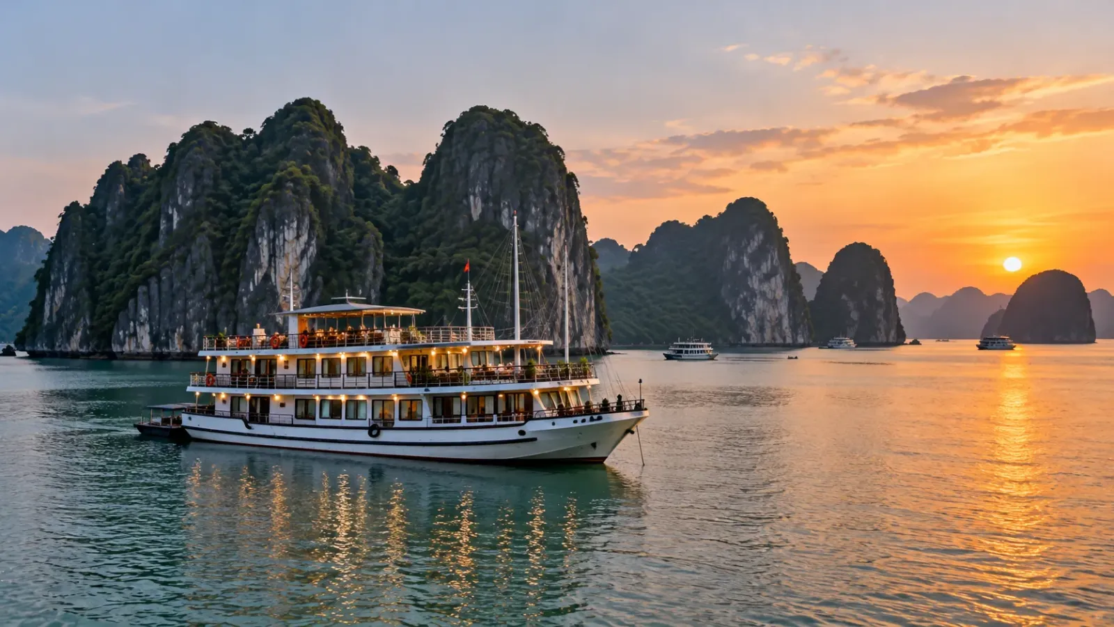 Du thuyền có cabin lưu trú đang neo đậu giữa cảnh quan đảo đá trên Vịnh Hạ Long