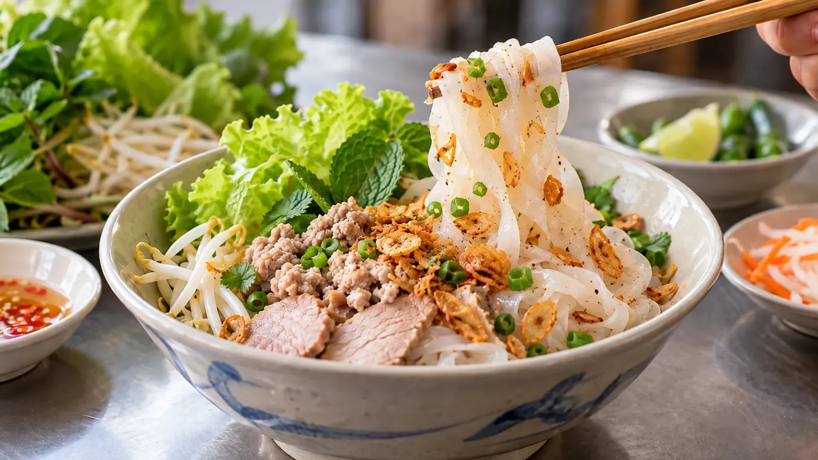 Đũa gắp sợi hủ tiếu trong tô hủ tiếu hấp với thịt và rau ăn kèm