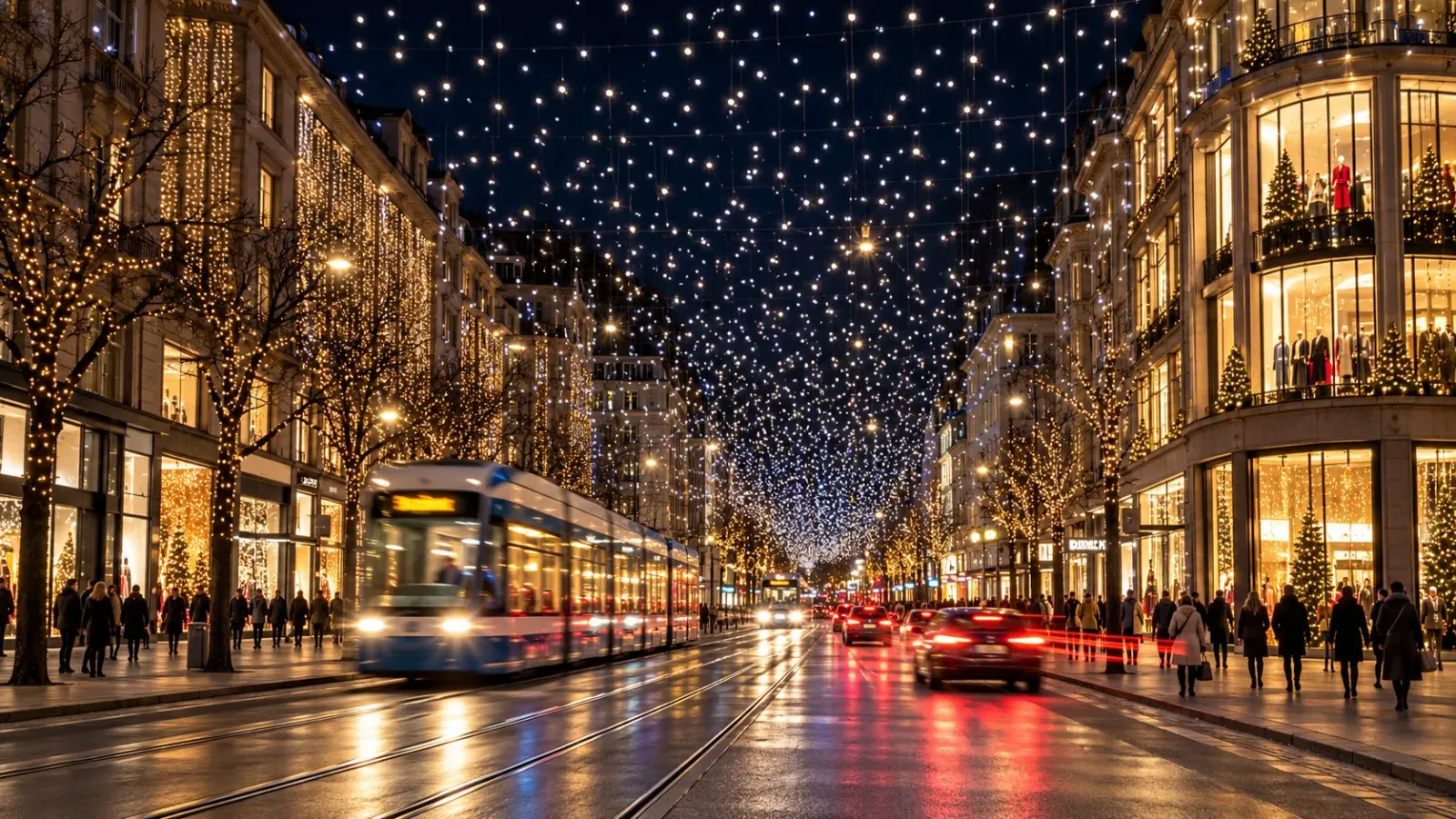 Đường Bahnhofstrasse tại Zürich được trang trí đèn Giáng sinh Lucy