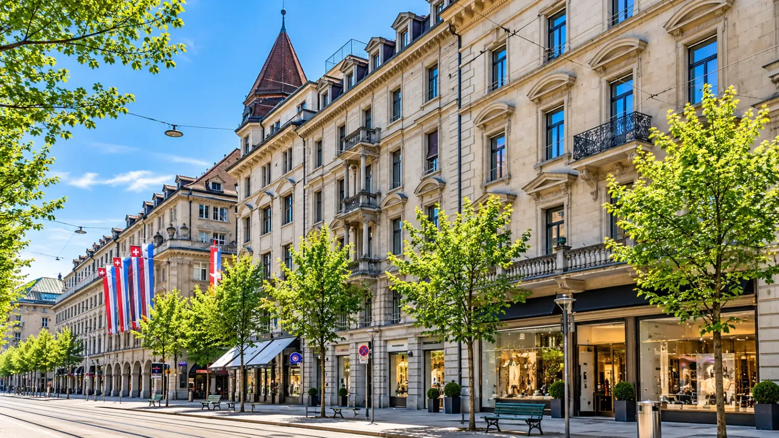 Đường Bahnhofstrasse tại Zurich với các cửa hàng và không gian mua sắm ven phố