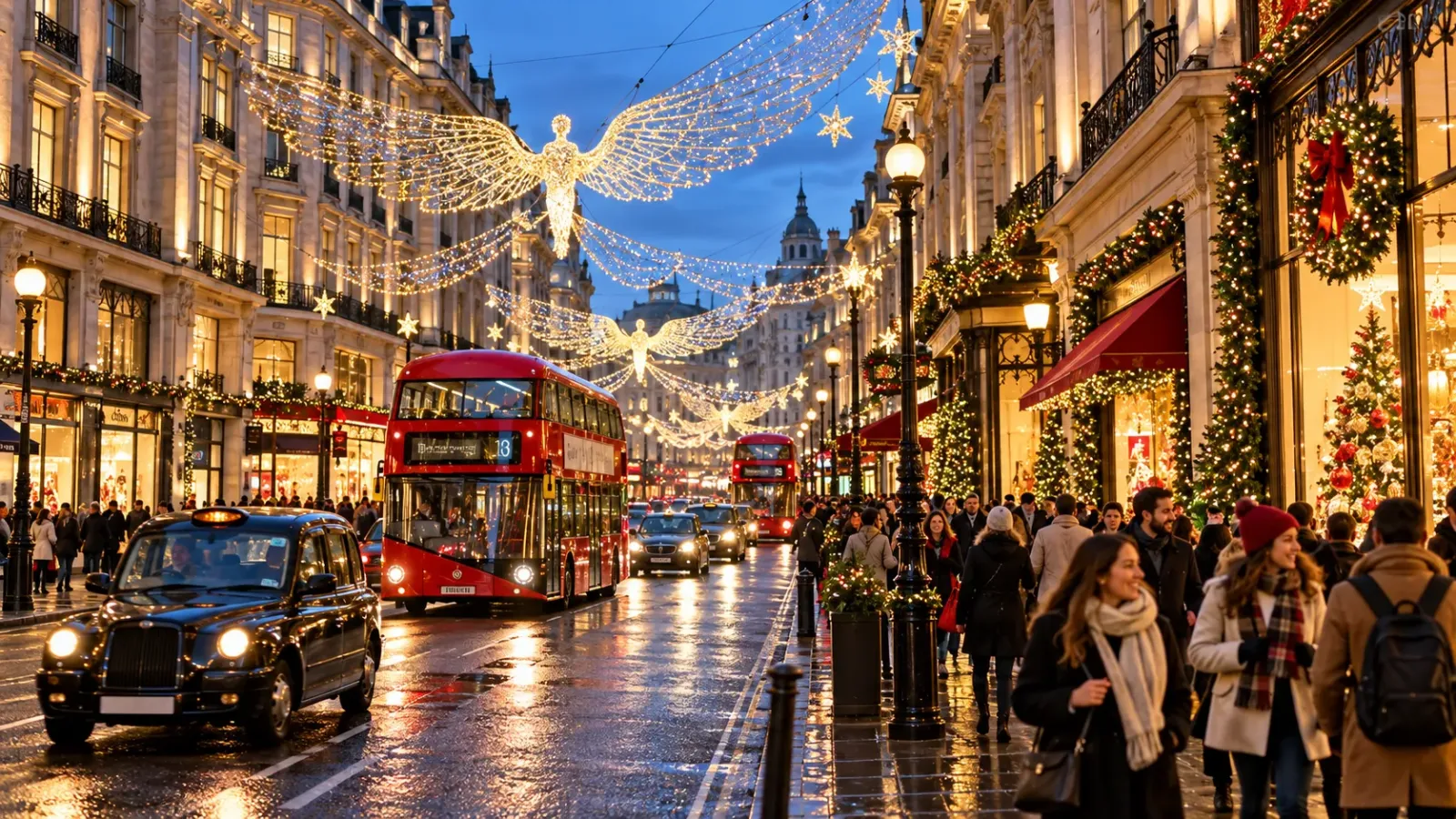 Đường phố London được trang trí ánh đèn Giáng sinh với các cửa hàng và người đi bộ