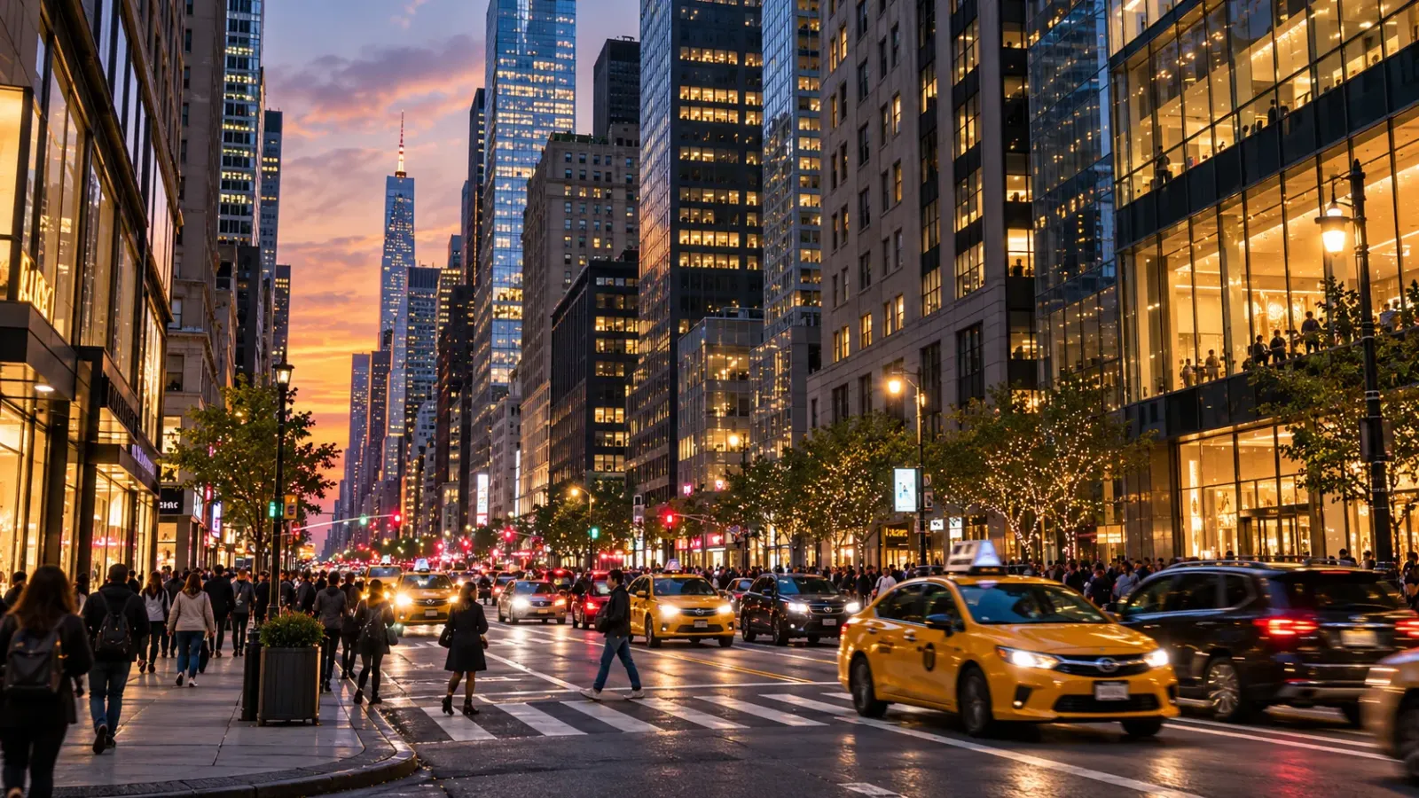 Đường phố Manhattan tại New York với những tòa nhà cao tầng và xe taxi vào lúc chiều tối
