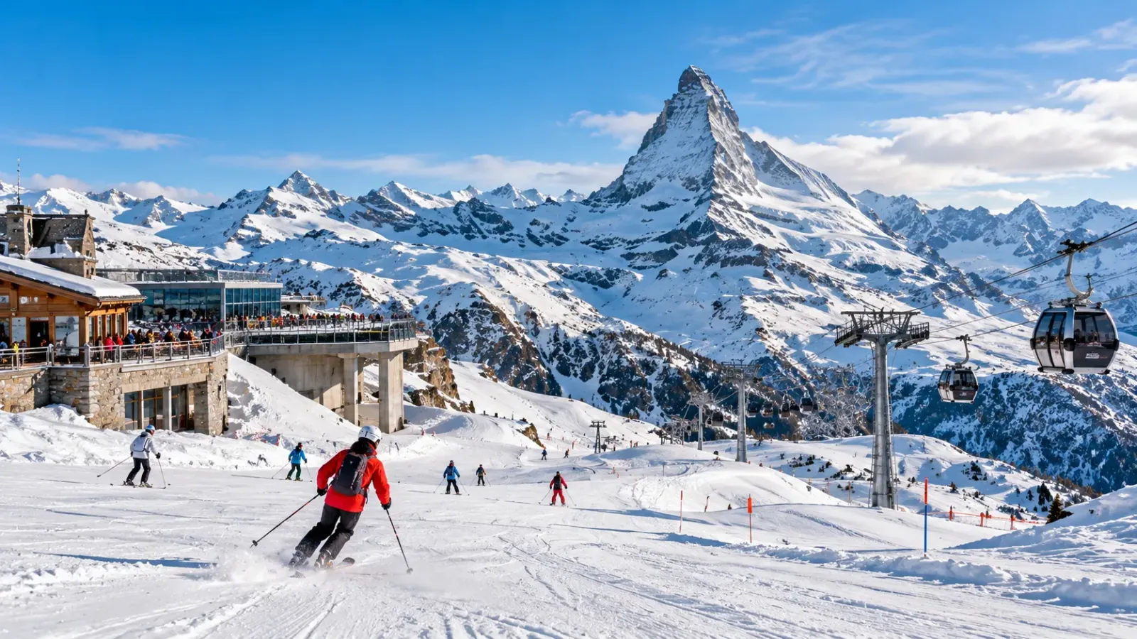Đường trượt tuyết được quản lý tại khu nghỉ dưỡng Courchevel thuộc Les 3 Vallées ở Pháp với cảnh núi Alps mùa đông