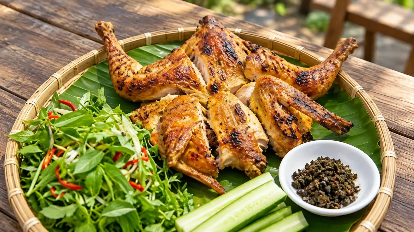 Gà nướng vàng đặt trên mẹt cùng rau tươi và chén muối chấm
