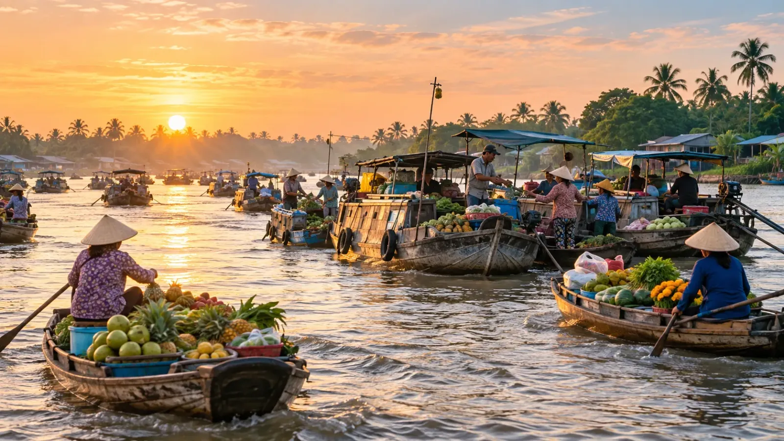 Ghe thuyền hoạt động trên sông tại chợ nổi Cái Răng ở Cần Thơ