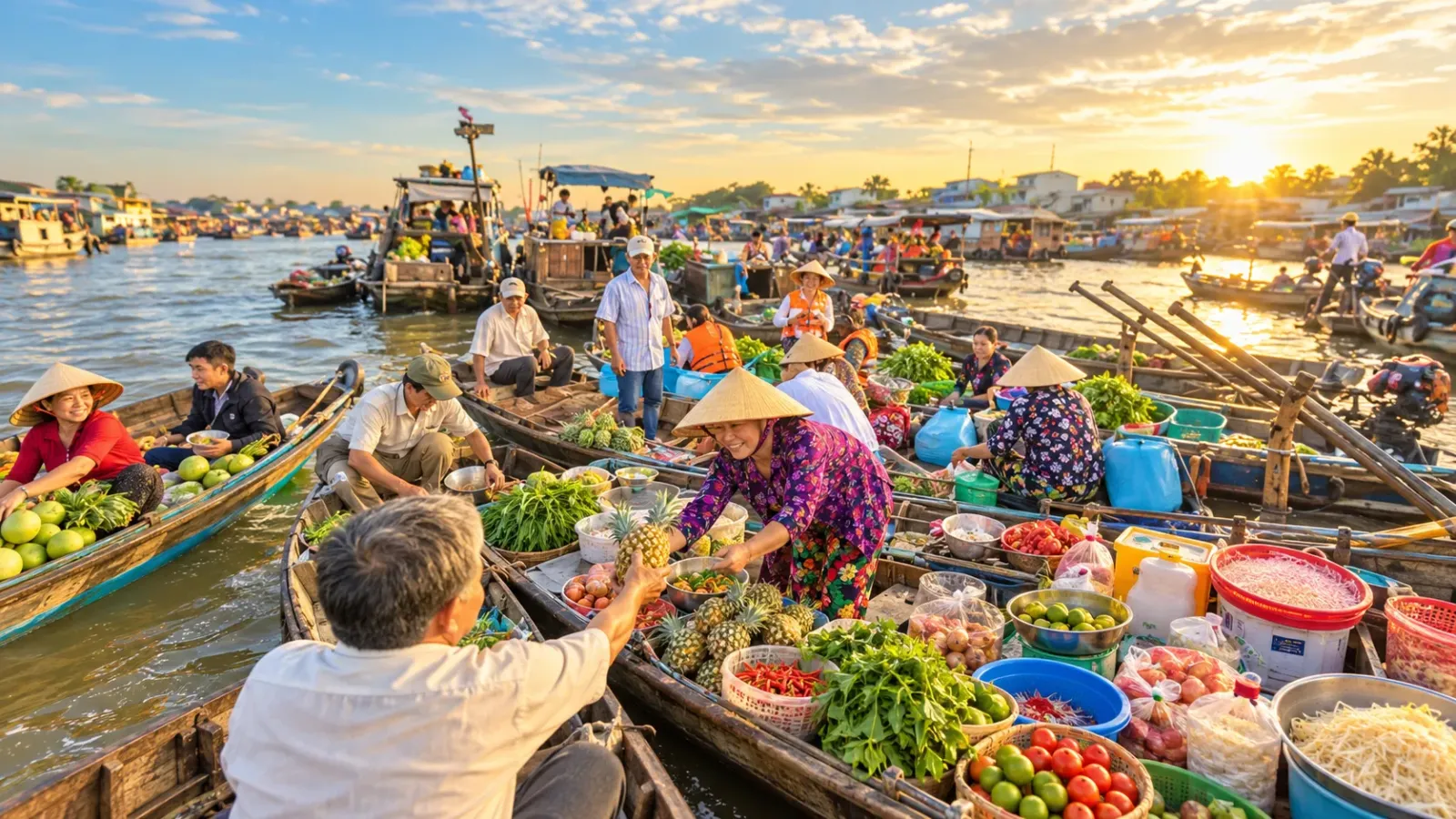 Ghe thuyền mua bán hàng hóa trên Chợ nổi Cái Răng tại Cần Thơ vào buổi sáng.