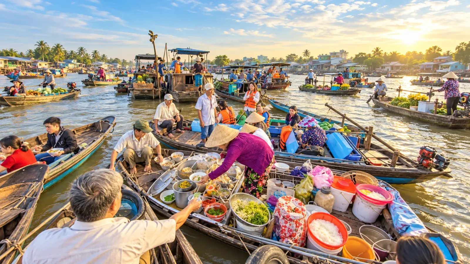 Ghe thuyền trên sông tại chợ nổi Cái Răng ở Cần Thơ