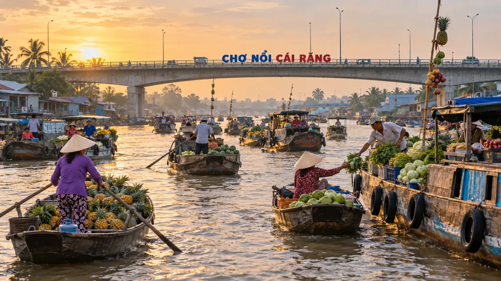 Ghe thuyền và hoạt động giao thương trên sông tại Chợ nổi Cái Răng Cần Thơ