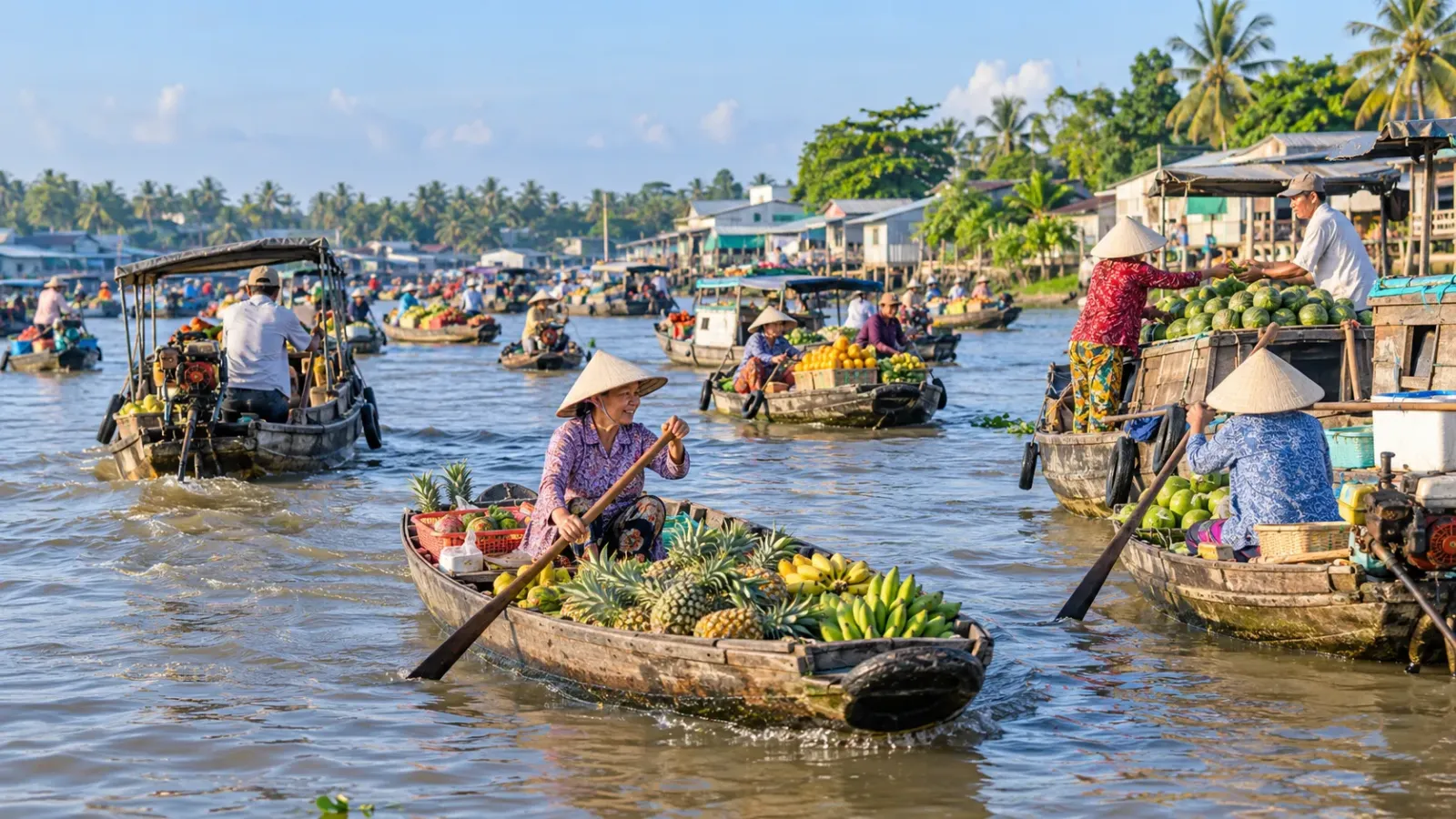 Ghe thuyền và hoạt động trên sông tại Chợ nổi Cái Răng Cần Thơ