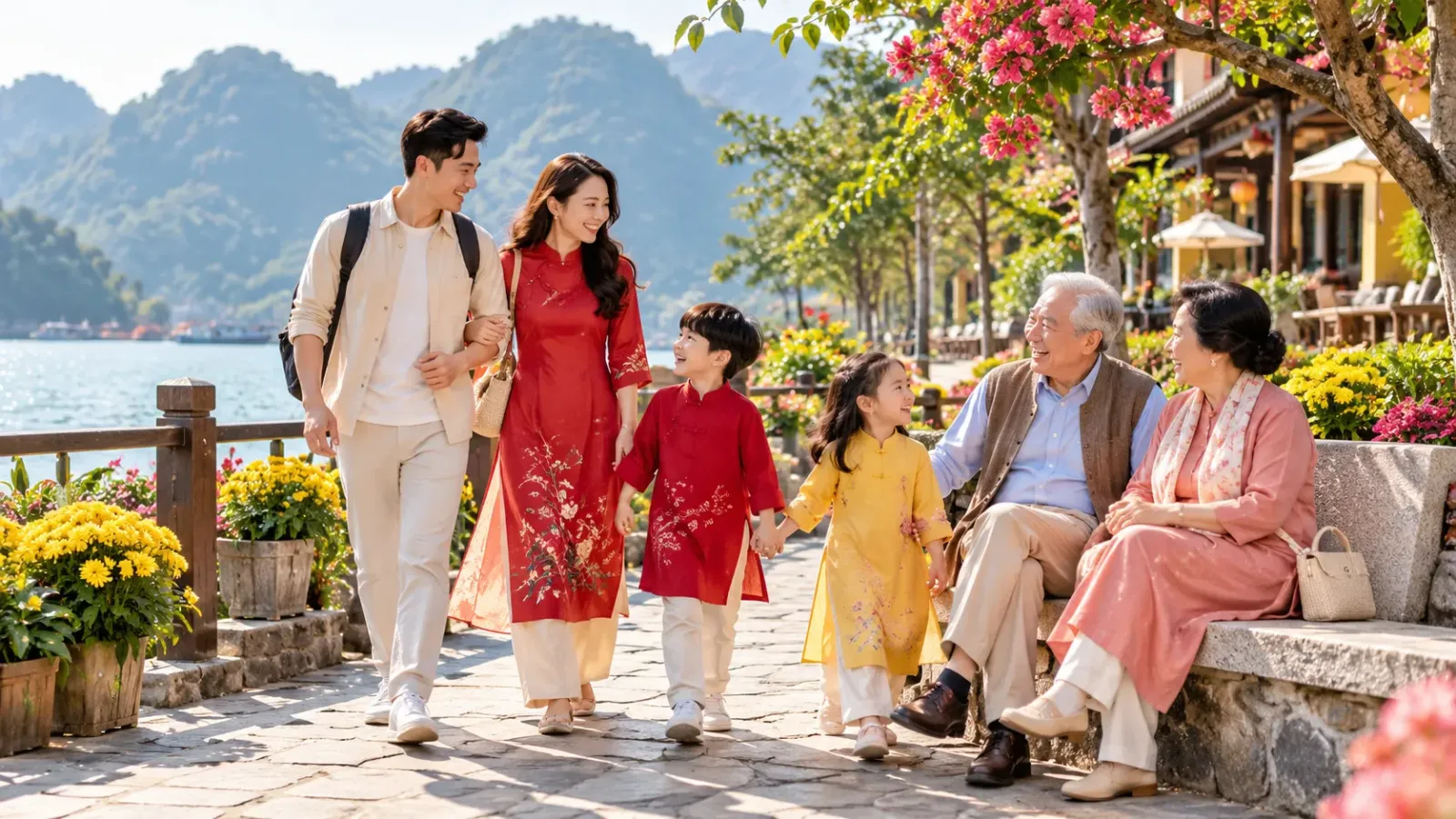 Gia đình nhiều thế hệ cùng tham quan và nghỉ ngơi trong chuyến du lịch dịp Tết