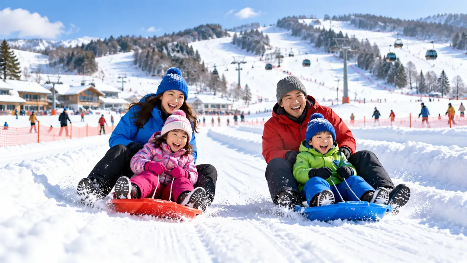 Gia đình tham gia trượt máng toboggan tại khu vui chơi tuyết có đường trượt được phân định