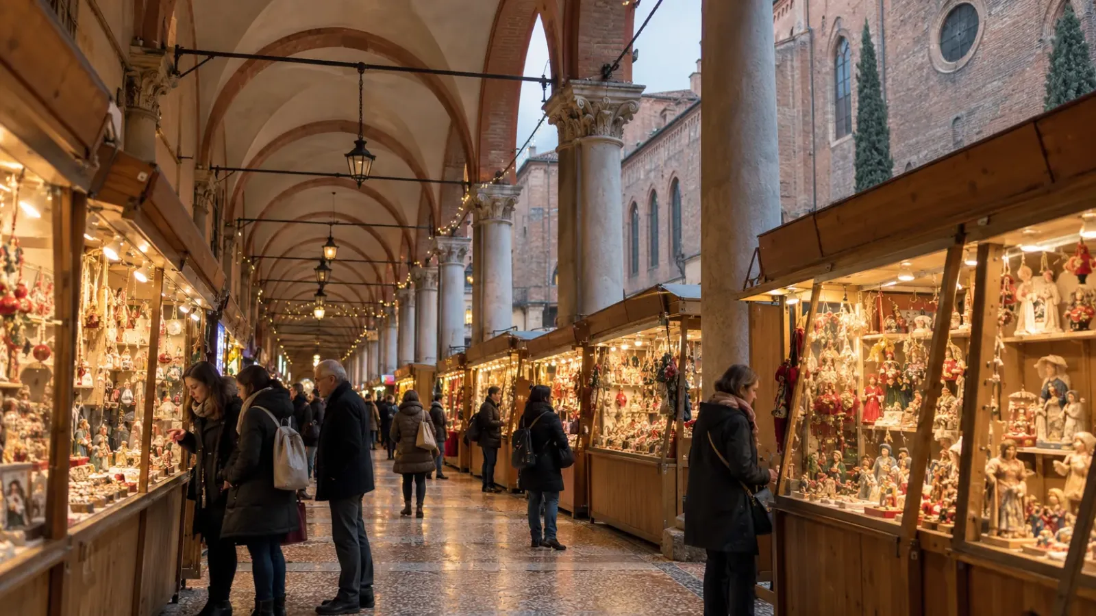 Gian hàng Antica Fiera di Santa Lucia dưới mái hiên cổ tại Bologna