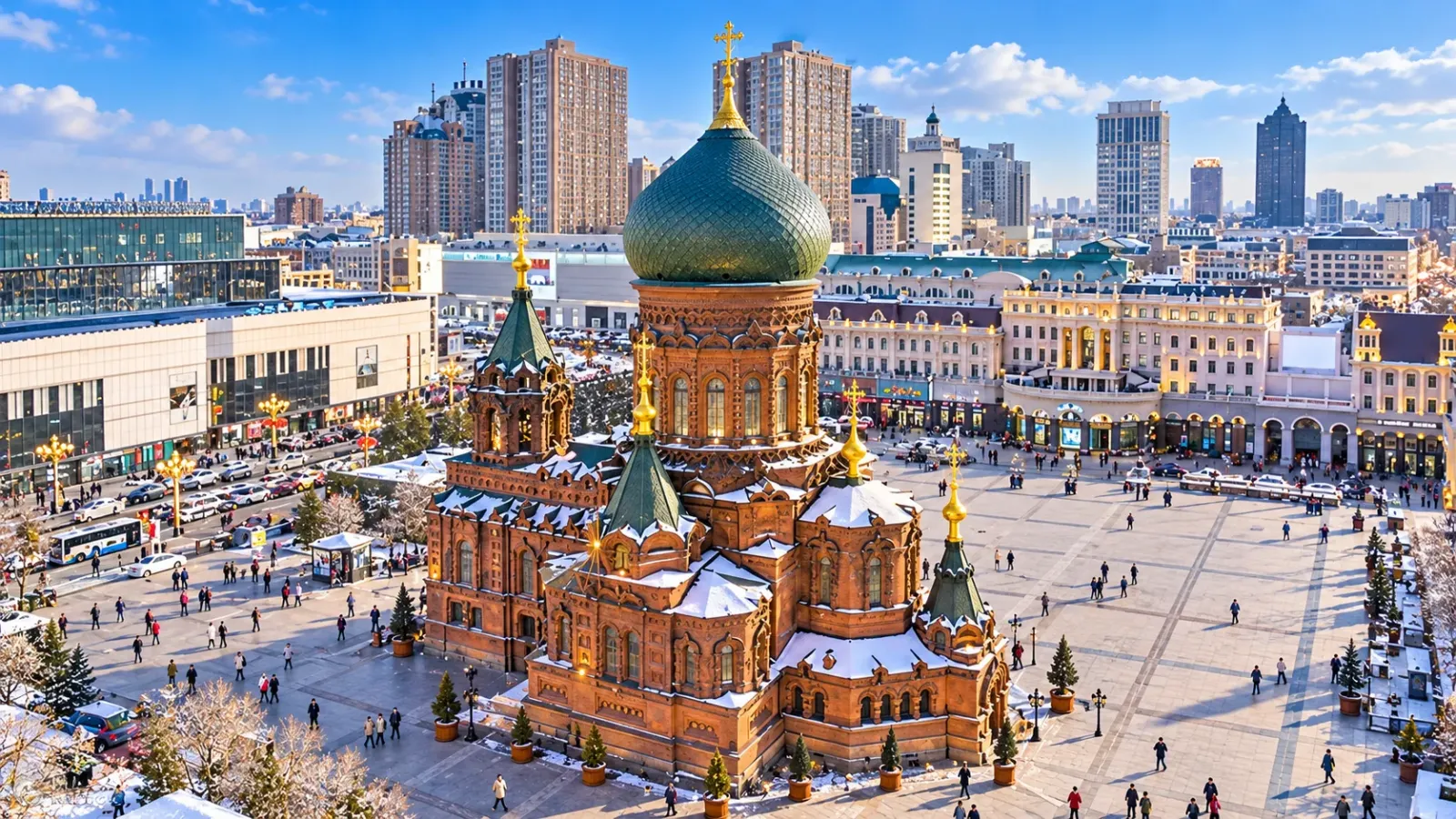 Giáo đường Saint Sophia tại Cáp Nhĩ Tân với mái vòm và kiến trúc gạch đỏ đặc trưng