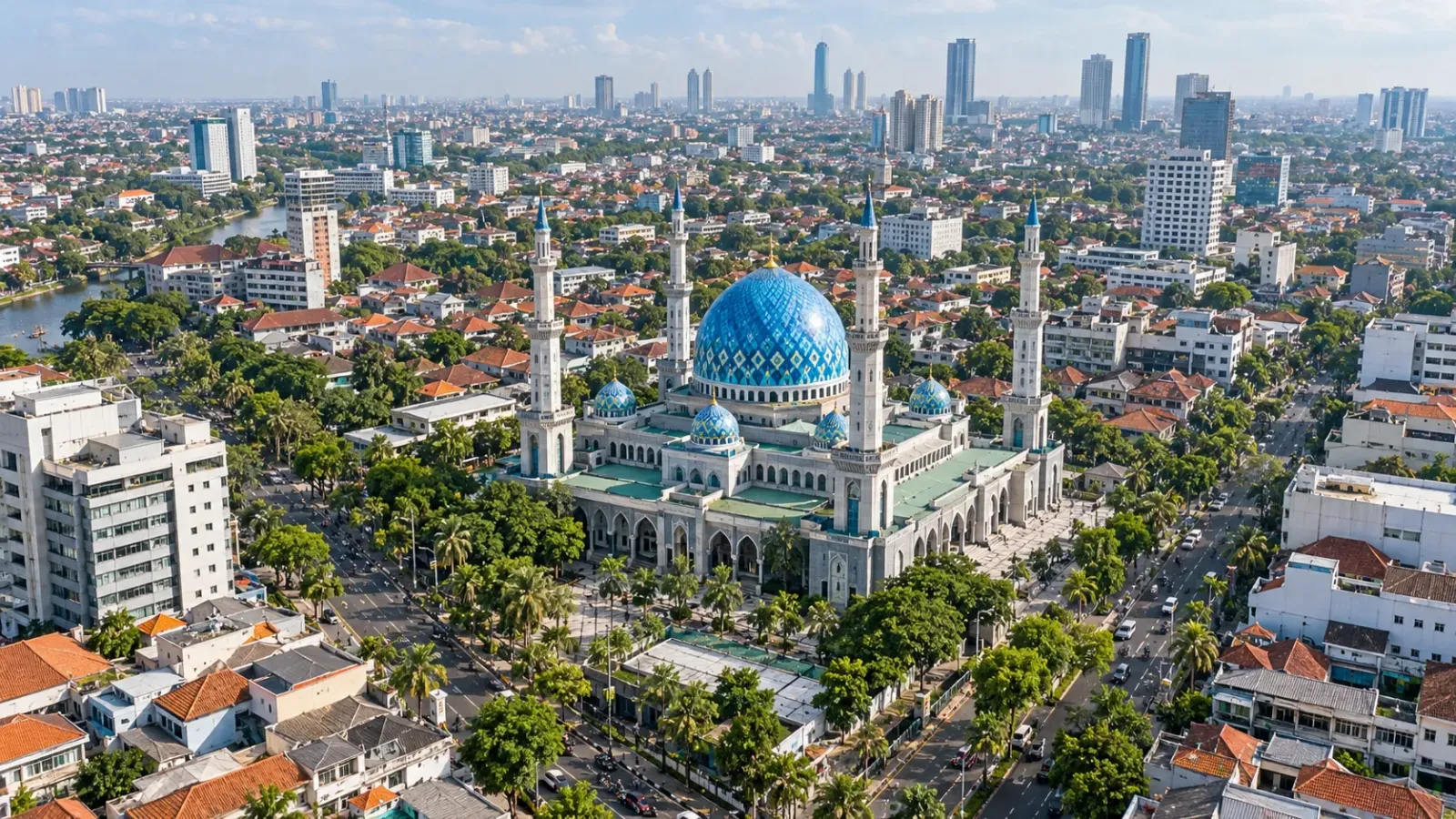 Góc nhìn từ trên cao về nhà thờ Hồi giáo mái vòm xanh giữa đô thị Surabaya Indonesia