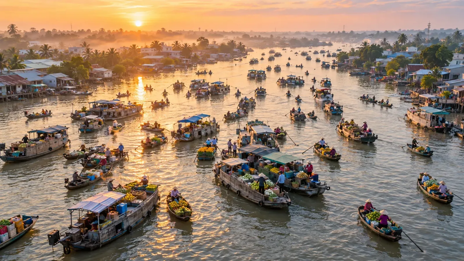 Góc nhìn từ trên cao xuống dòng sông với nhiều ghe thuyền tại khu vực chợ nổi Cái Răng Cần Thơ lúc bình minh