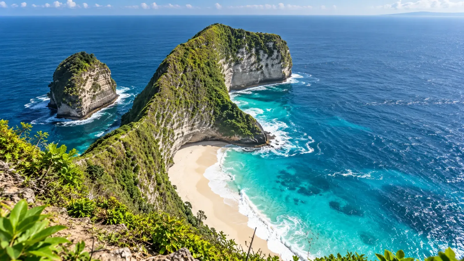 Góc nhìn từ trên cao xuống mũi đá hình khủng long, bãi cát và biển xanh tại Kelingking Beach Nusa Penida