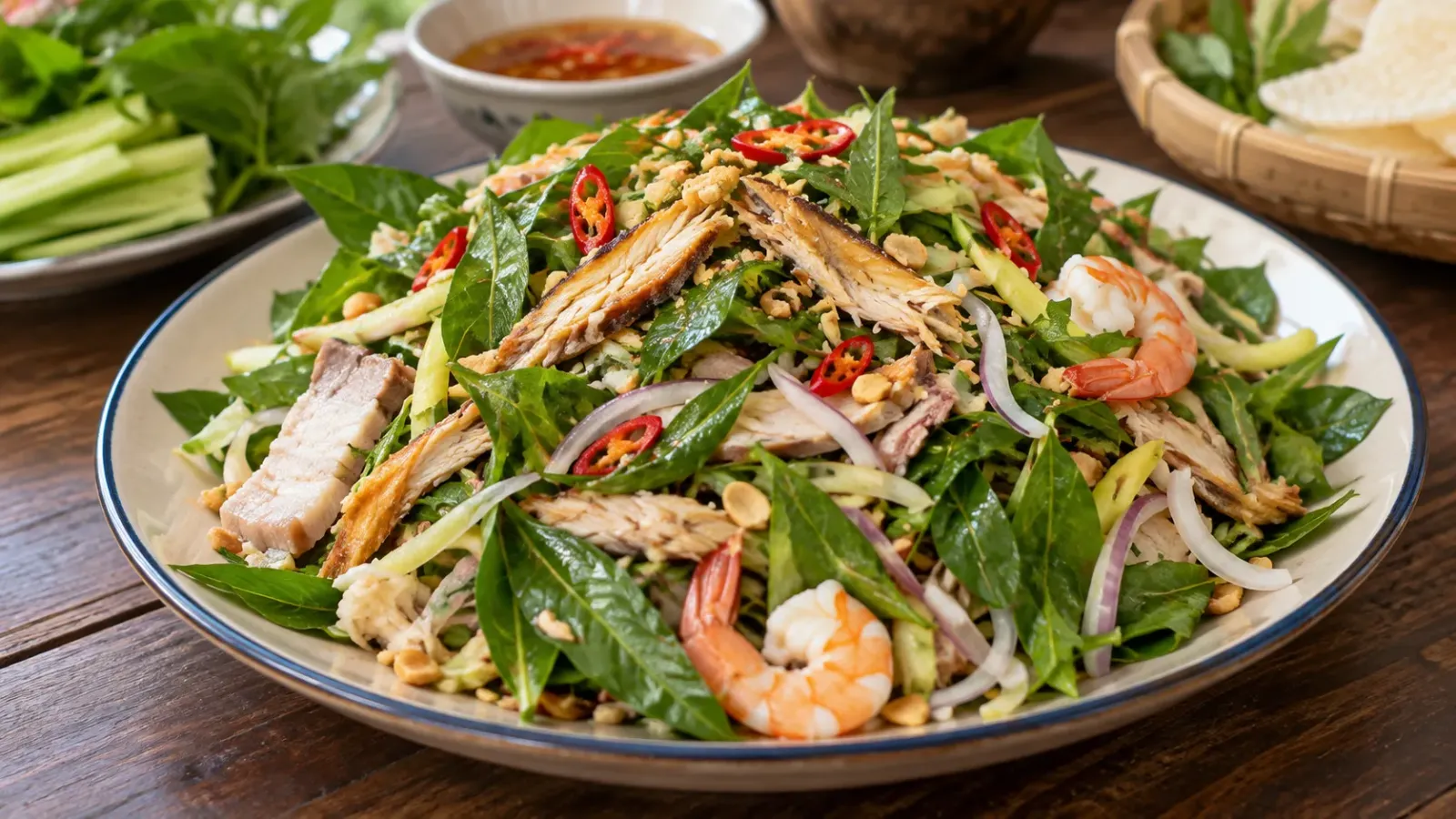 Đĩa gỏi sầu đâu An Giang với lá sầu đâu và các nguyên liệu ăn kèm