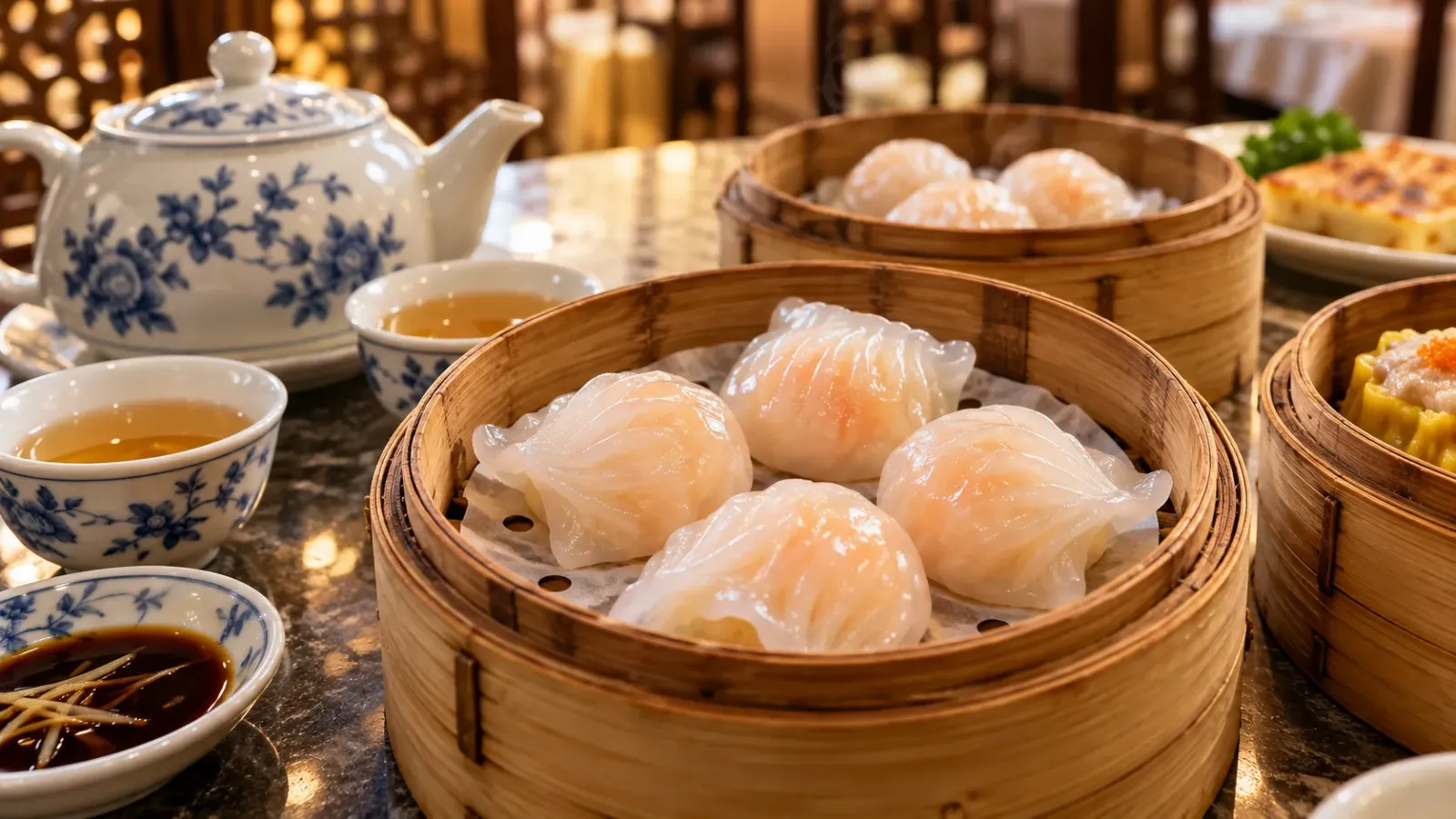 Há cảo hấp dùng trong bữa dim sum kiểu Hồng Kông