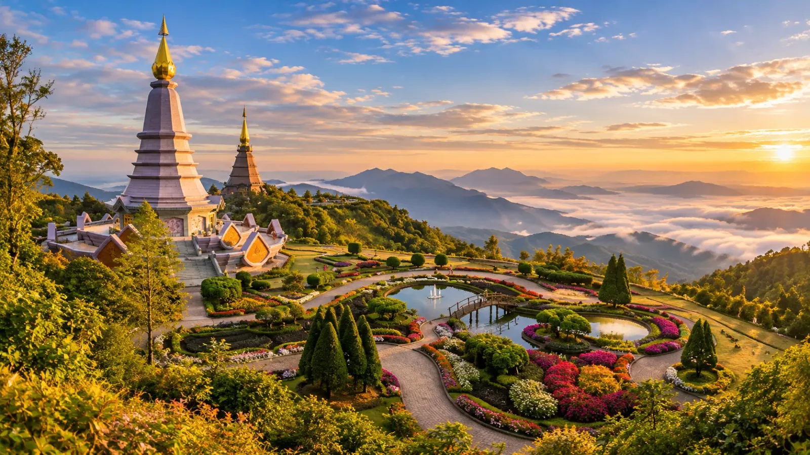 Hai bảo tháp giữa vườn hoa và cảnh quan núi ở Chiang Mai Thái Lan